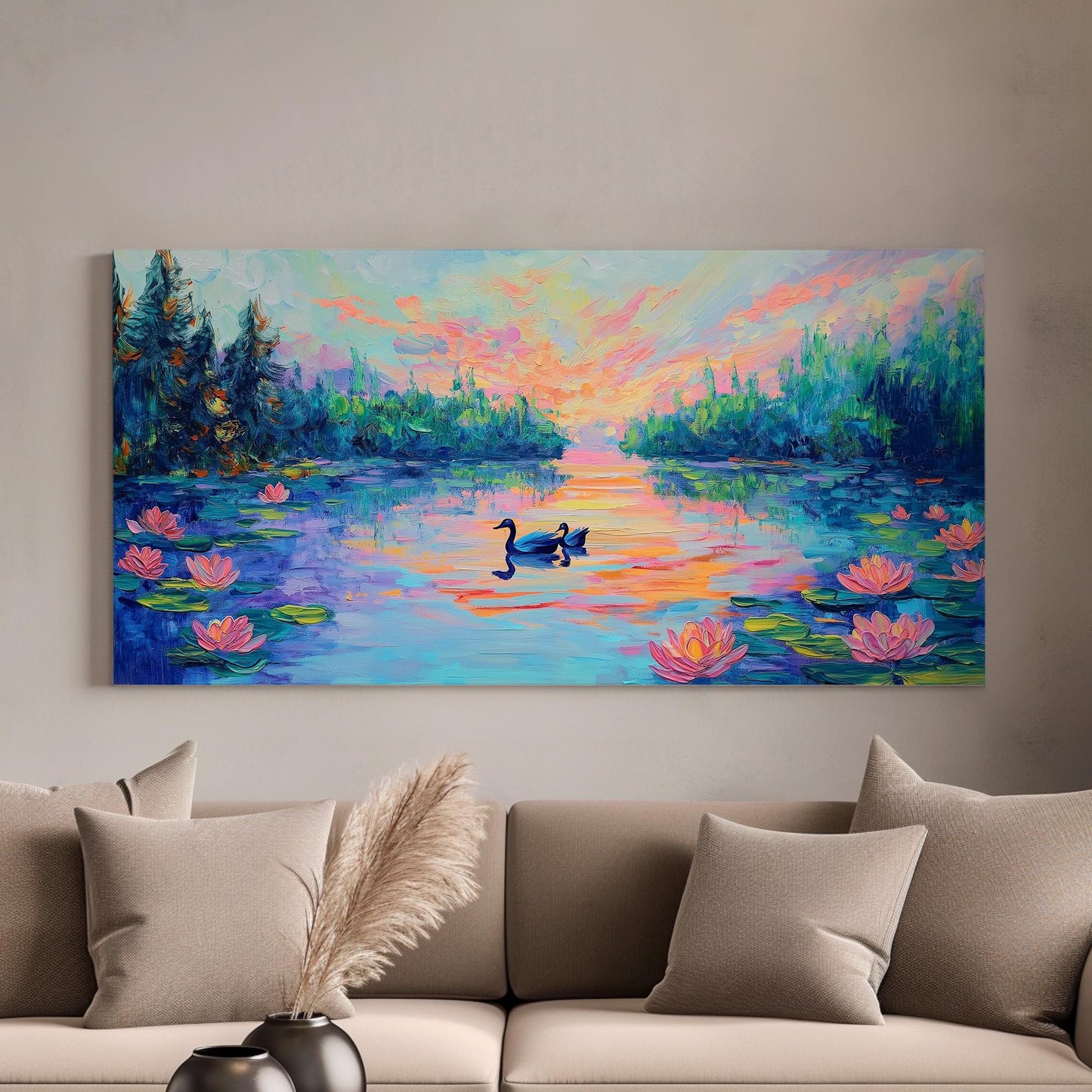 Beautiful Colors at the Lotus Lake Canvas Wall Art For Bedroom, Landscape Quiet Pond Canvas Print, Tranquil Large Canvas Art