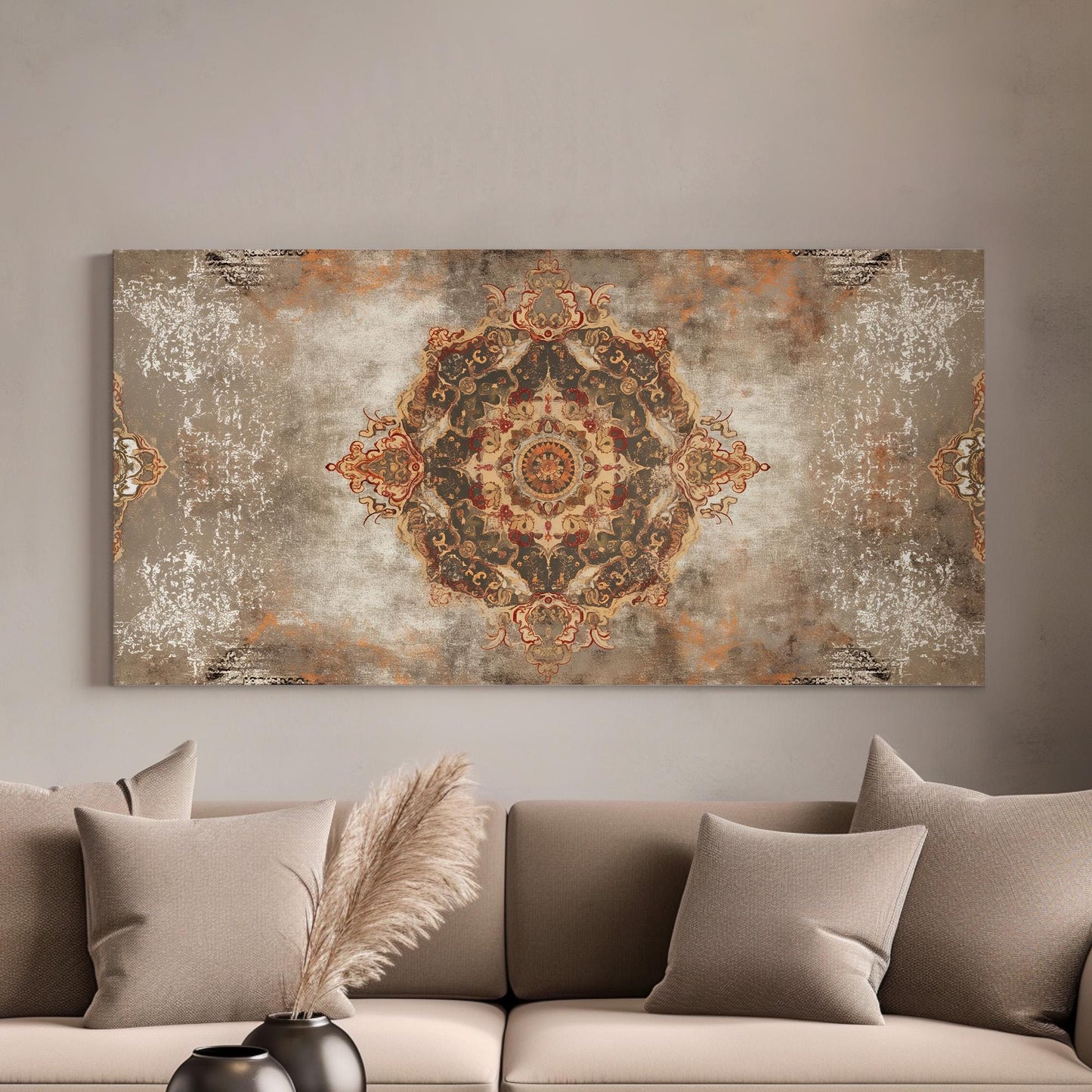 Brown Tapestry Canvas Wall Art For Living Room, Landscape Moroccan Canvas Print, Boho Textile Large Canvas Art