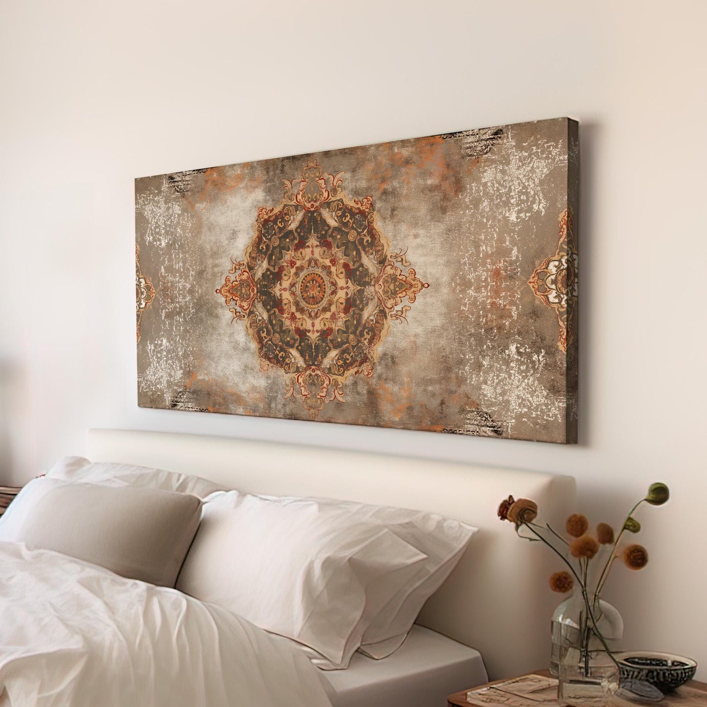 Brown Tapestry Canvas Wall Art For Living Room, Landscape Moroccan Canvas Print, Boho Textile Large Canvas Art