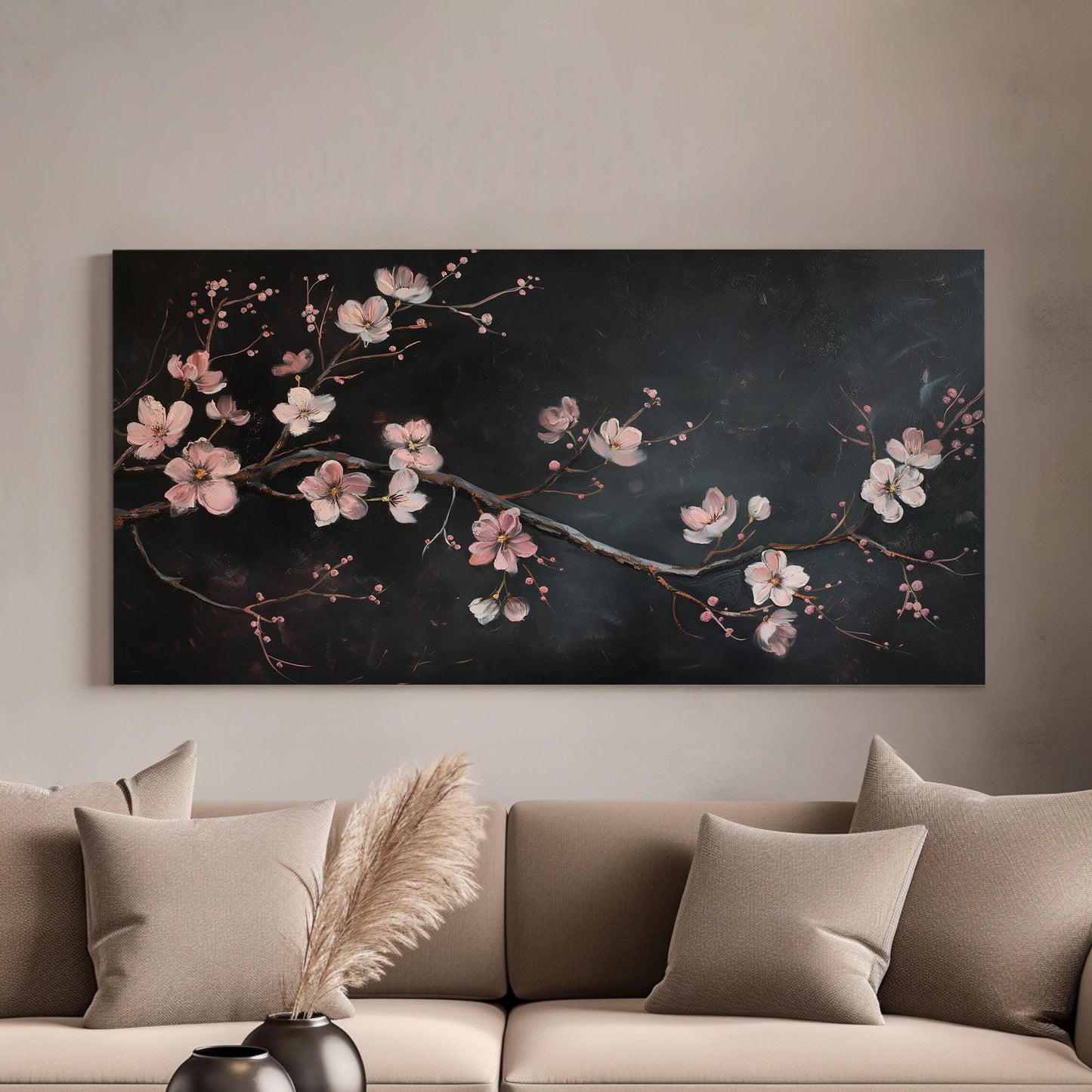 Cherry Blossom Branch Distressed Canvas Wall Art For Living Room, Landscape Japanese Canvas Print, Vintage Oil Large Canvas Art