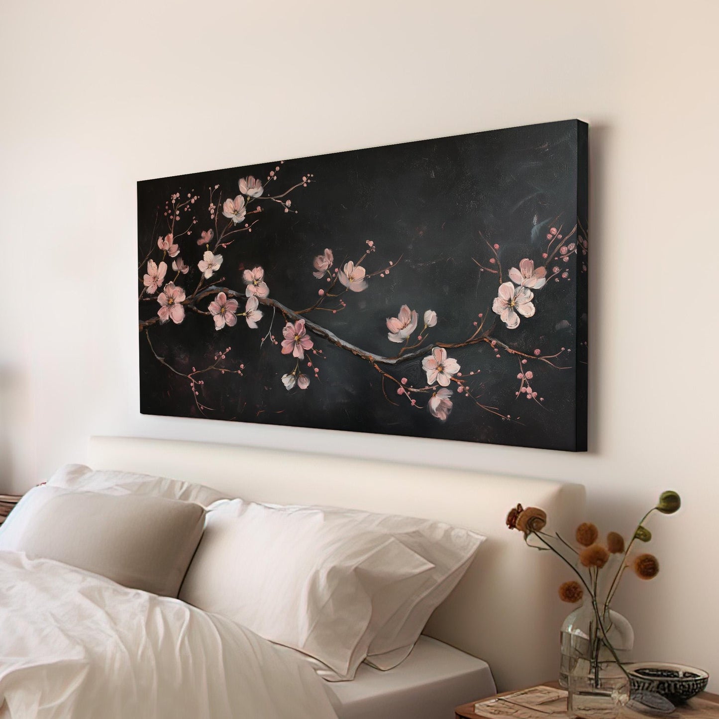 Cherry Blossom Branch Distressed Canvas Wall Art For Living Room, Landscape Japanese Canvas Print, Vintage Oil Large Canvas Art