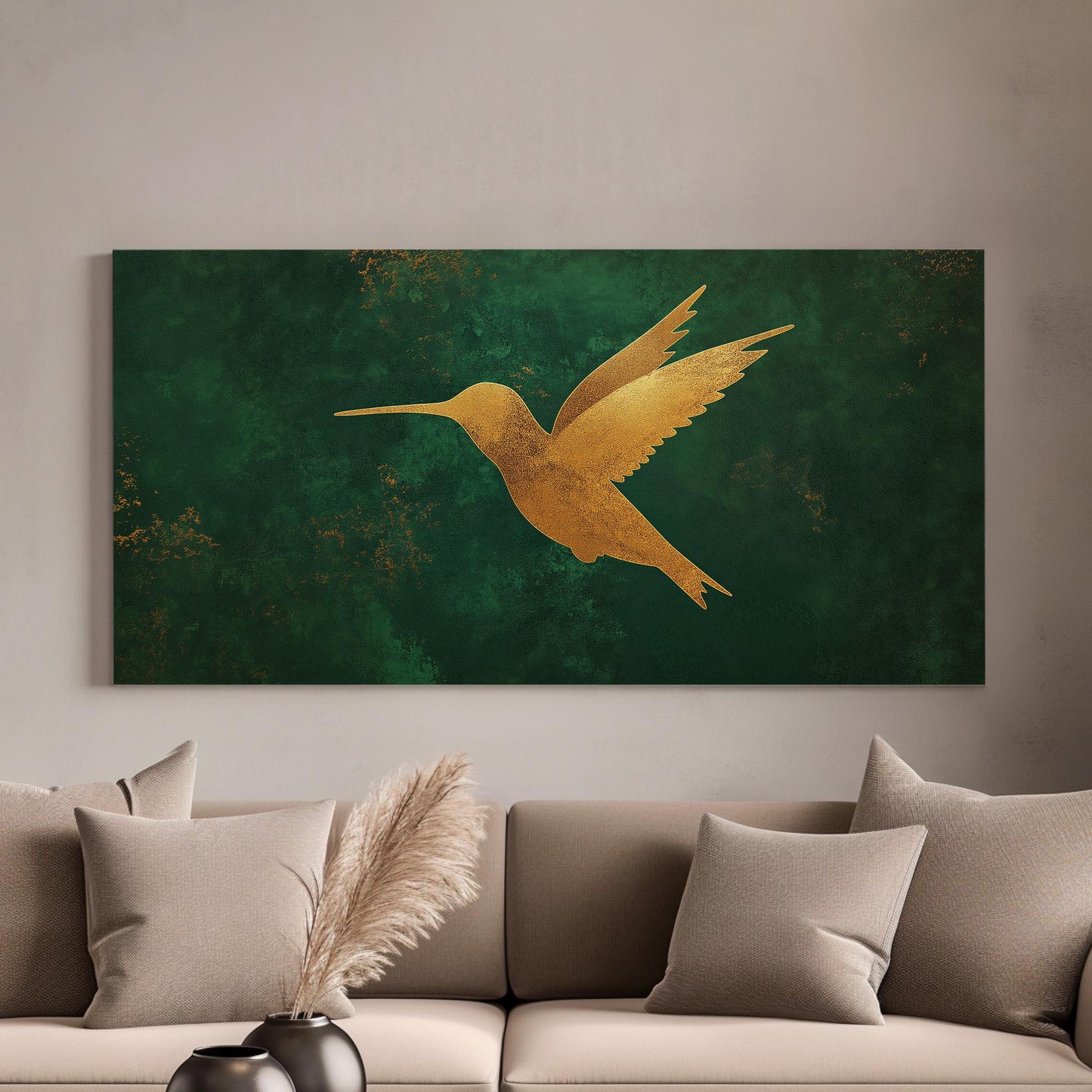Gold Hummingbird Canvas Wall Art For Living Room, Landscape Rustic Canvas Print, Colibri Large Canvas Art
