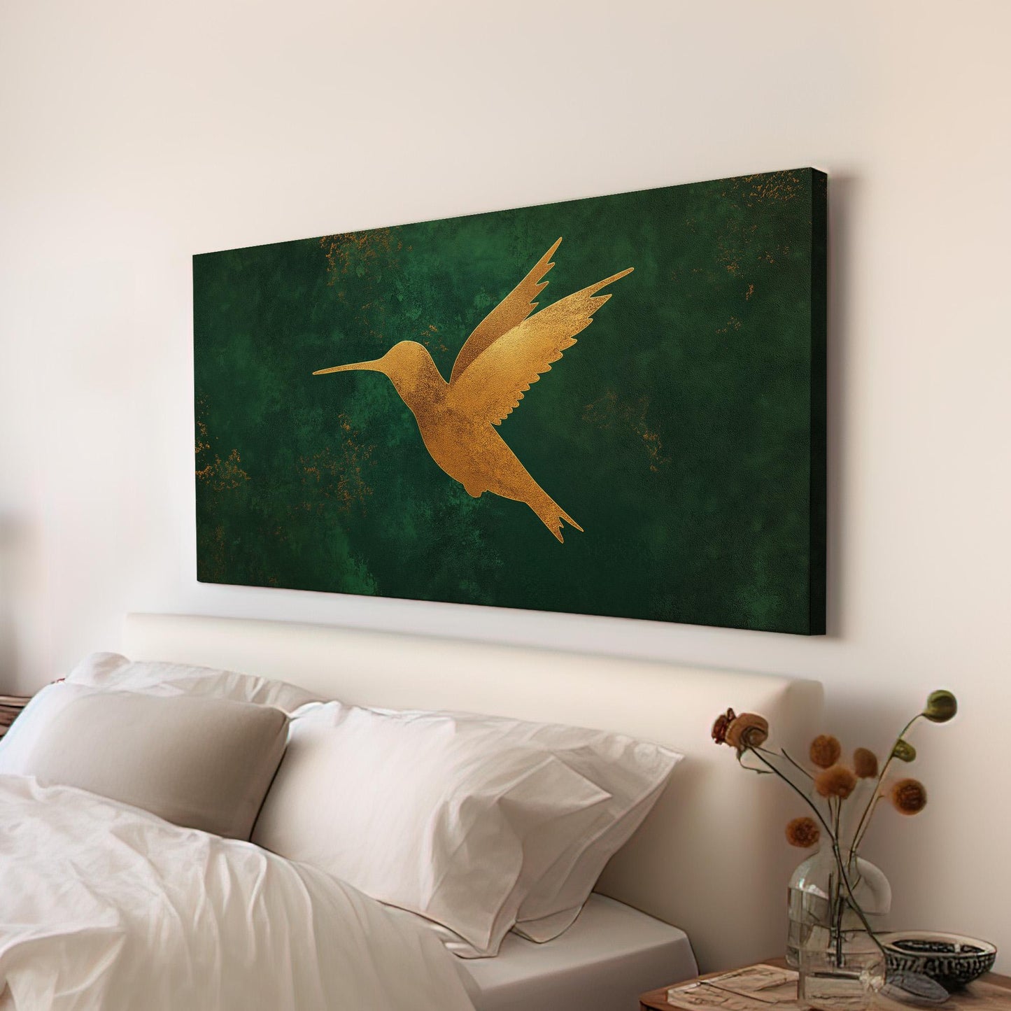 Gold Hummingbird Canvas Wall Art For Living Room, Landscape Rustic Canvas Print, Colibri Large Canvas Art
