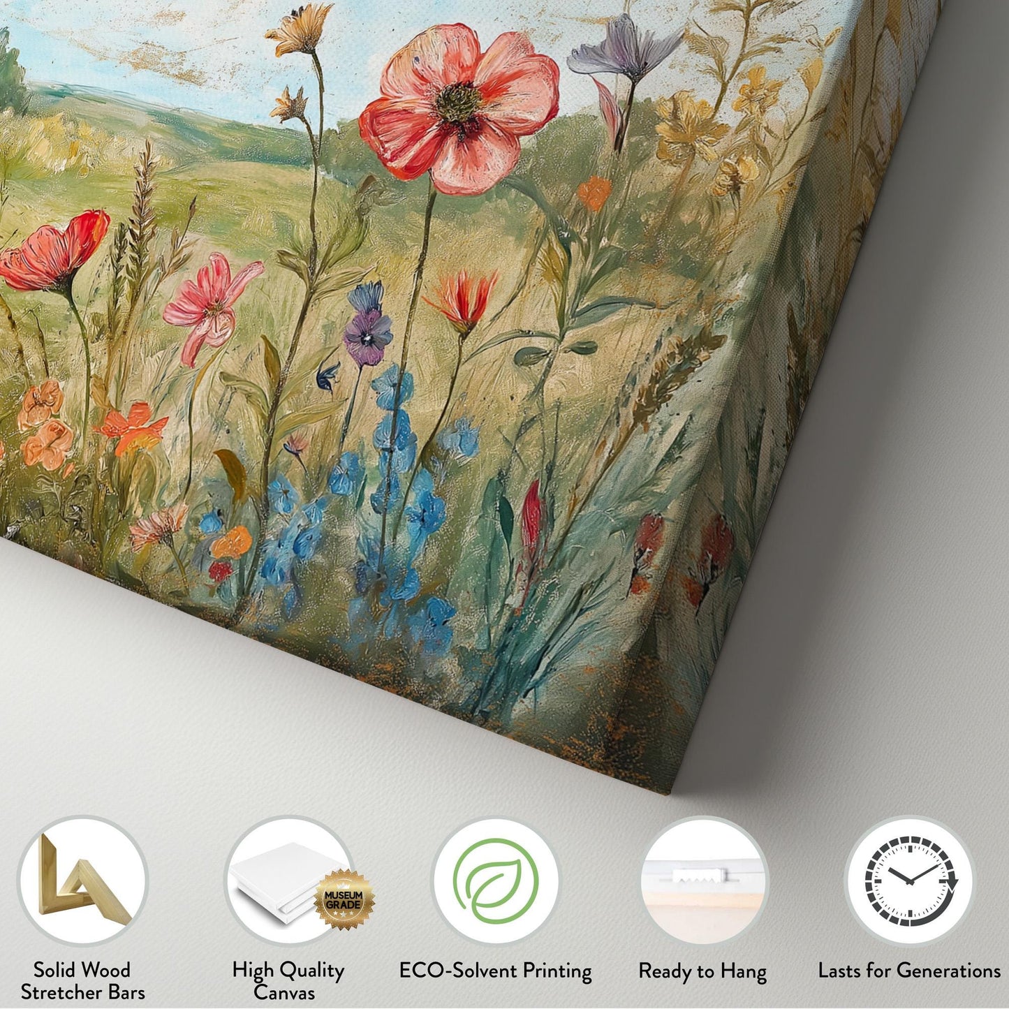 Colorful Wildflowers Canvas Wall Art For Living Room, Landscape Wildflower Meadow Canvas Print, Rustic Large Canvas Art