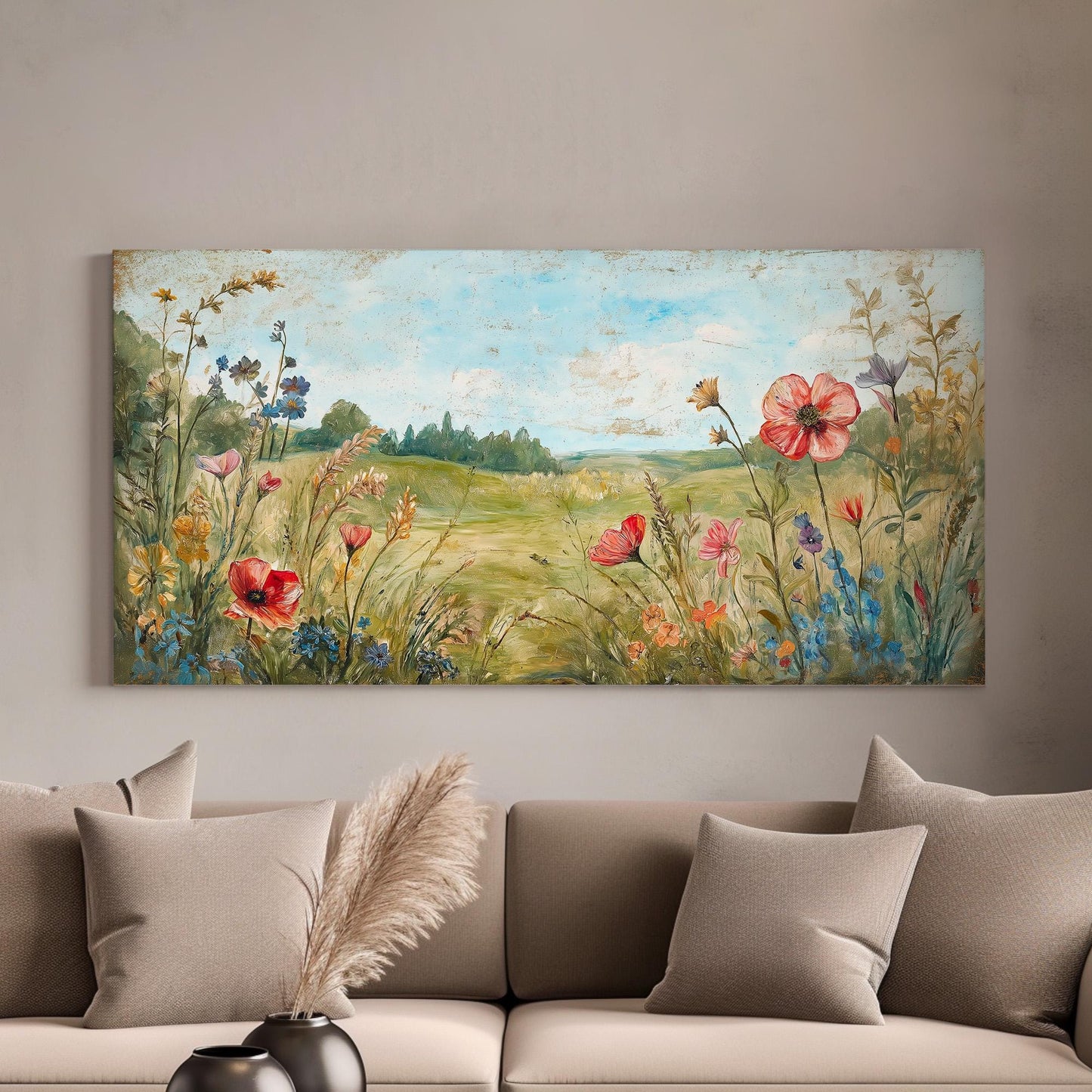 Colorful Wildflowers Canvas Wall Art For Living Room, Landscape Wildflower Meadow Canvas Print, Rustic Large Canvas Art