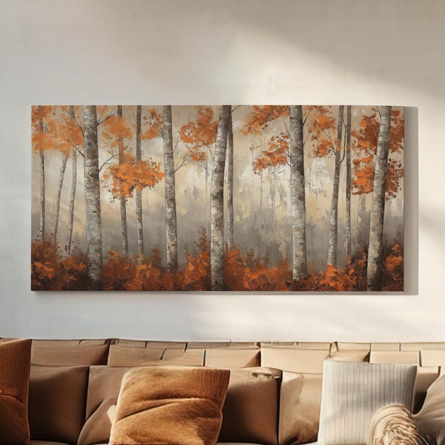 Copper Birch Trees Canvas Wall Art For Living Room, Landscape Cozy Autumn Canvas Print, Rustic Fall Large Canvas Art
