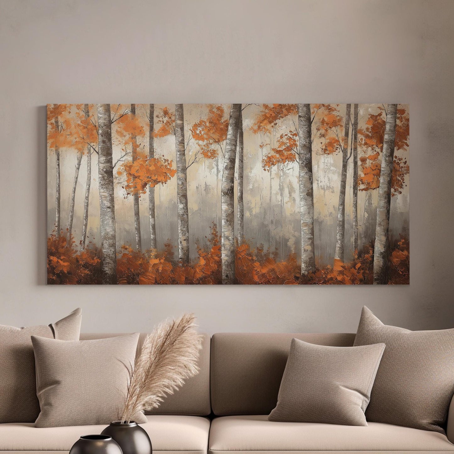 Copper Birch Trees Canvas Wall Art For Living Room, Landscape Cozy Autumn Canvas Print, Rustic Fall Large Canvas Art