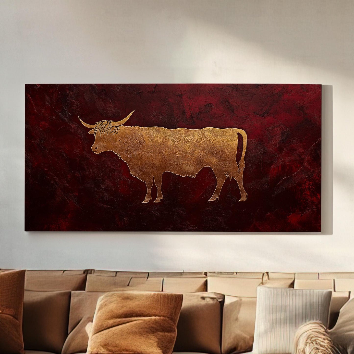 Gold Highland Cow Canvas Wall Art For Living Room, Landscape Dark Red Canvas Print, Rustic Large Canvas Art