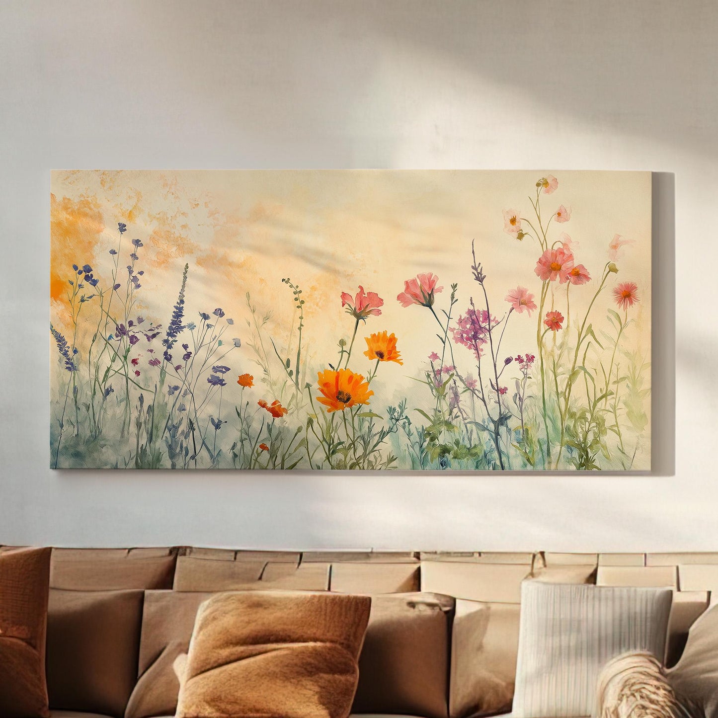 Watercolour Wildflowers Canvas Wall Art For Living Room, Landscape Wildflower Meadow Canvas Print, Vintage Large Canvas Art