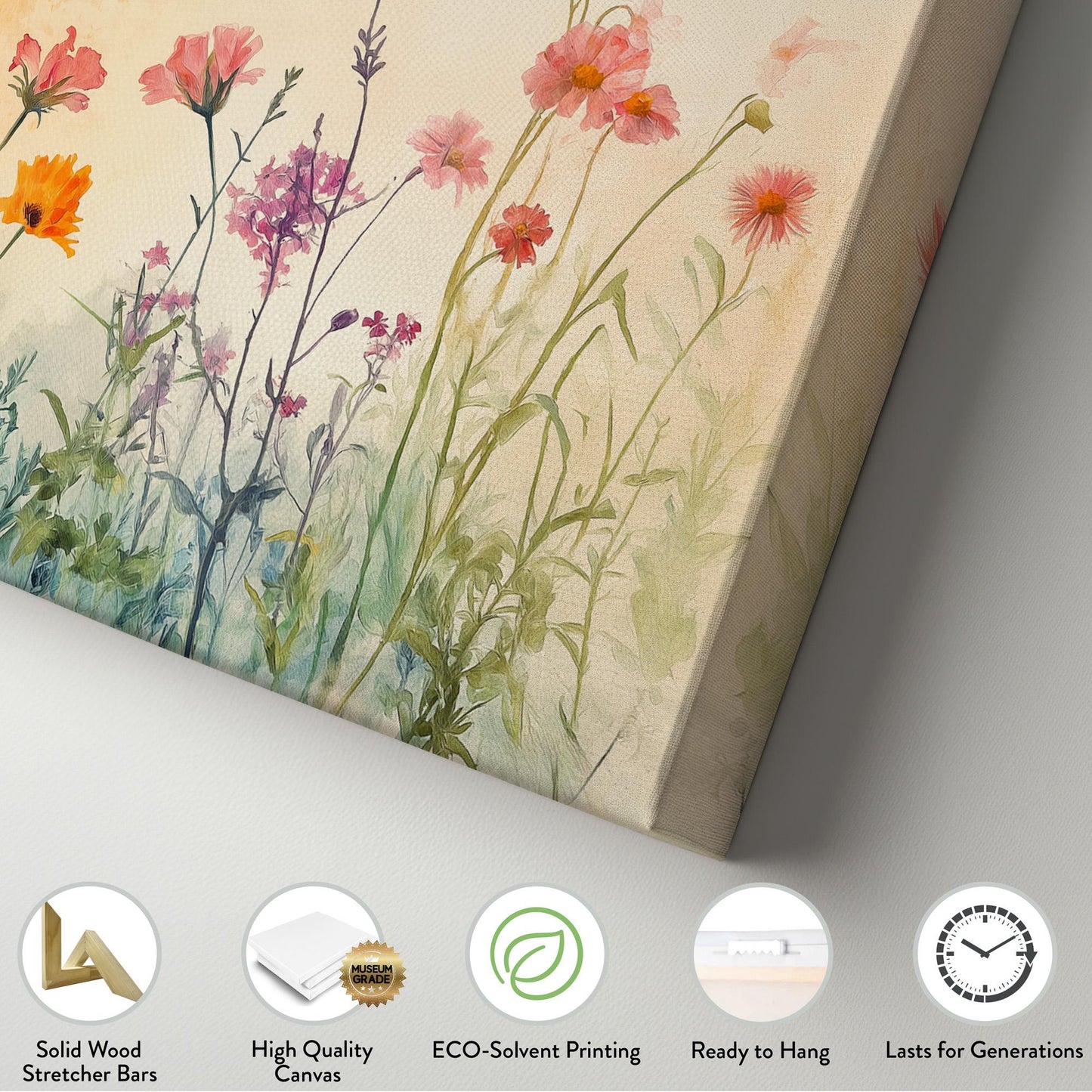 Watercolour Wildflowers Canvas Wall Art For Living Room, Landscape Wildflower Meadow Canvas Print, Vintage Large Canvas Art