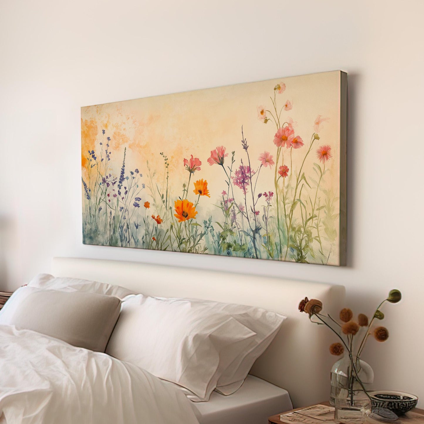 Watercolour Wildflowers Canvas Wall Art For Living Room, Landscape Wildflower Meadow Canvas Print, Vintage Large Canvas Art