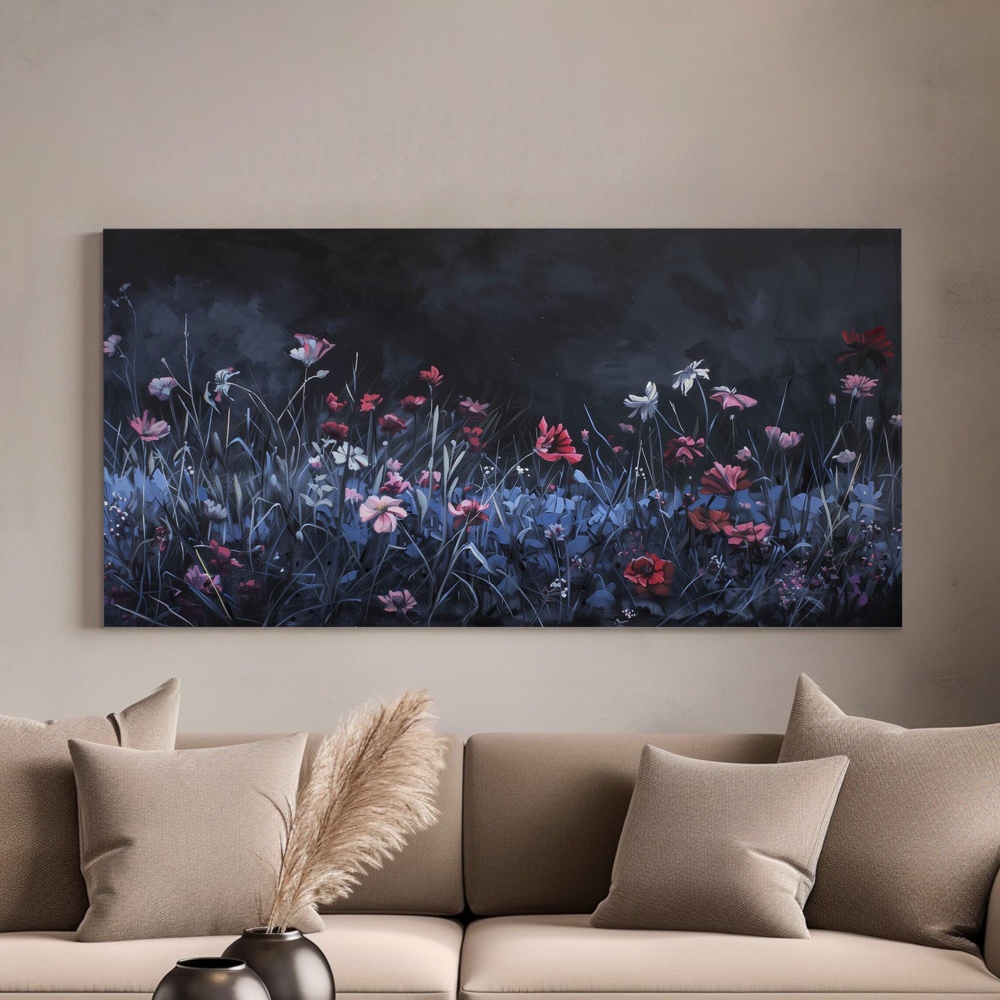 Wildflower Field at Night Canvas Wall Art For Living Room, Landscape Floral Canvas Print, Vintage Large Canvas Art