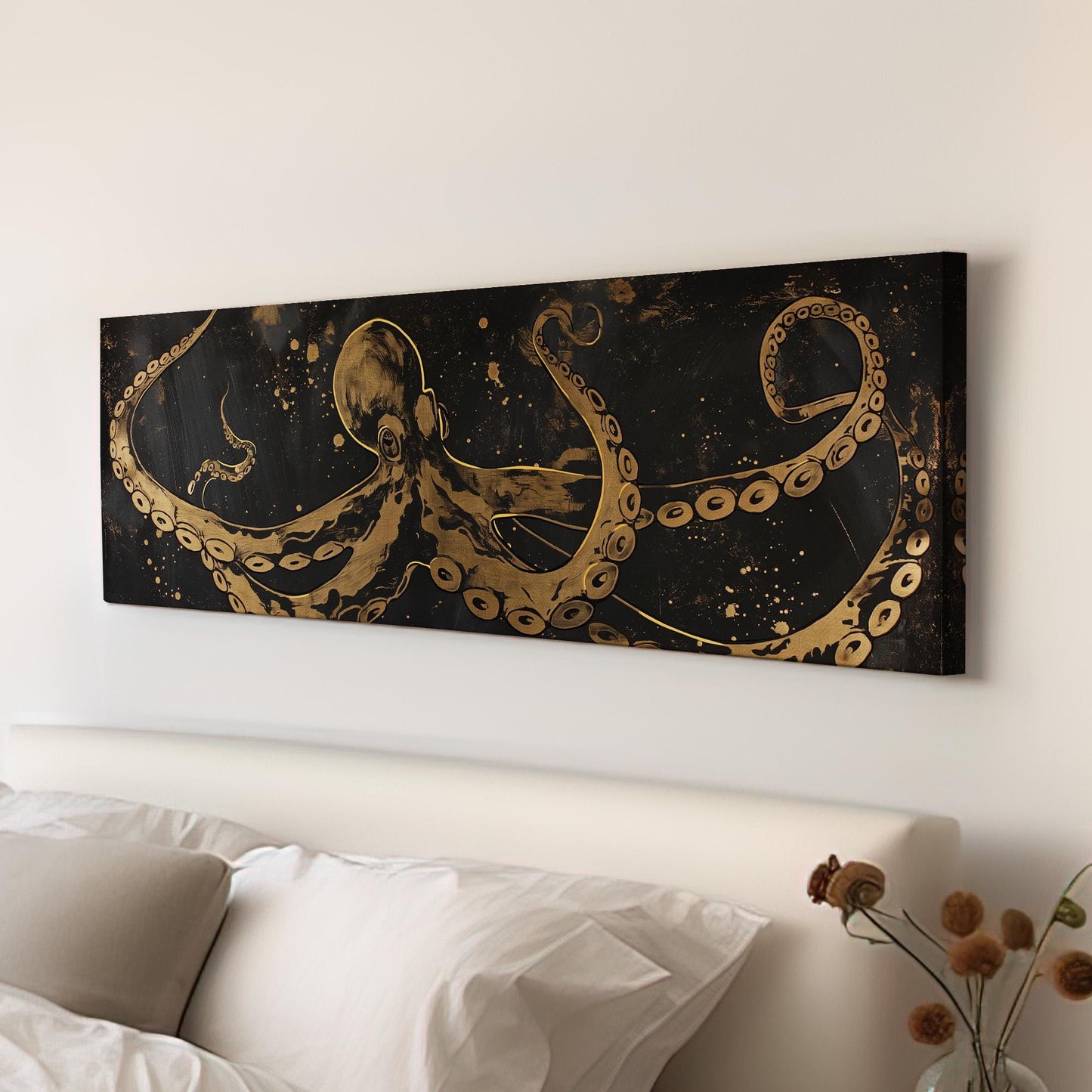 Gold Octopus Panoramic Wall Art Sea Creature, Panorama Nautical Canvas Print, Beach House Decor Canvas Art