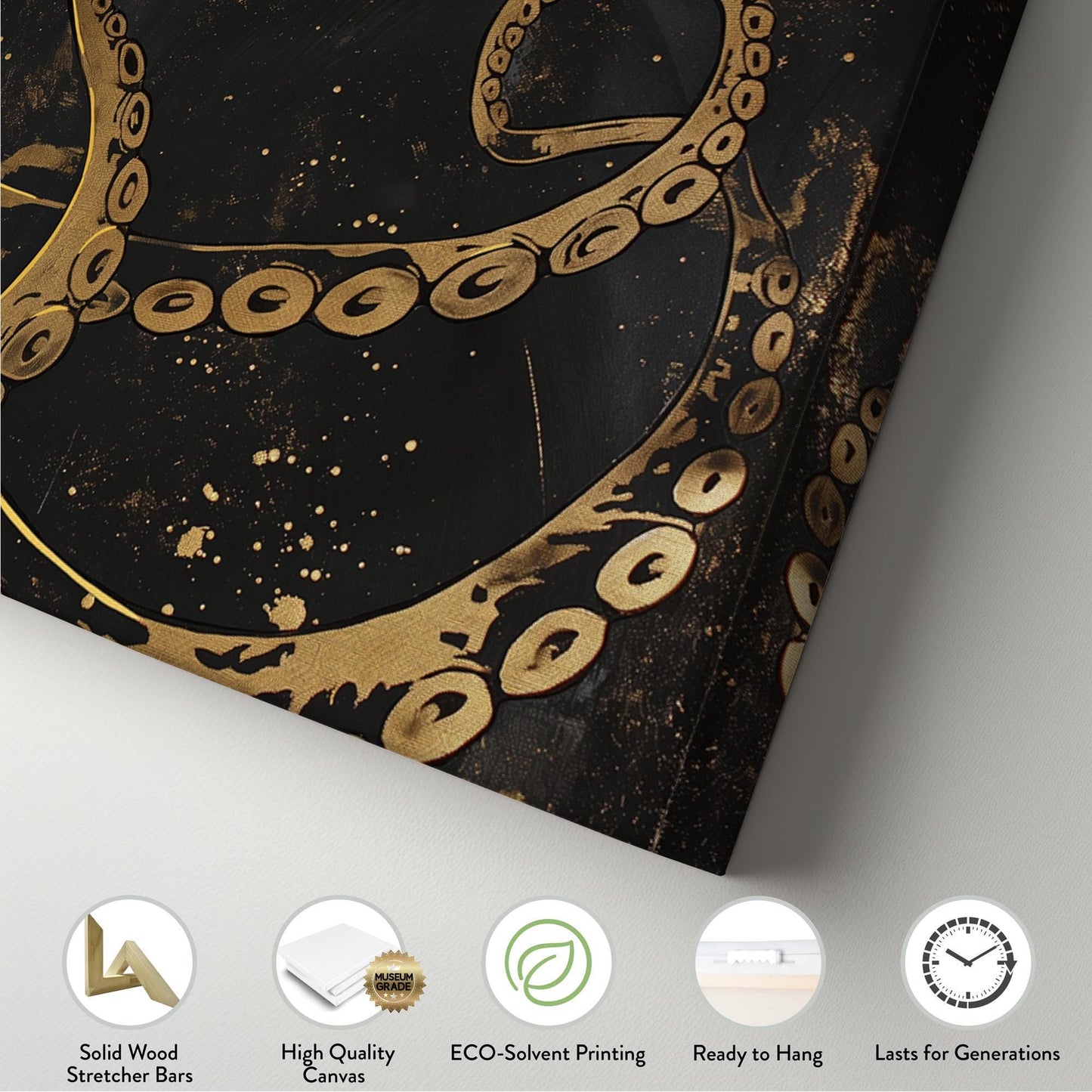 Gold Octopus Panoramic Wall Art Sea Creature, Panorama Nautical Canvas Print, Beach House Decor Canvas Art