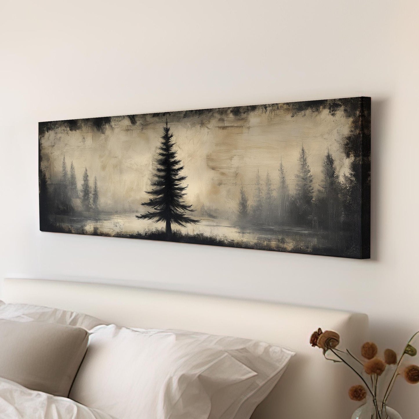 Lone Pine Tree At The Lake Panoramic Wall Art Forest, Panorama Cozy Autumn Canvas Print, Rustic Fall Decor Canvas Art