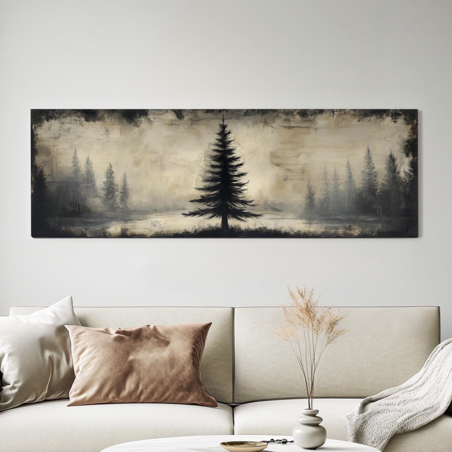 Lone Pine Tree At The Lake Panoramic Wall Art Forest, Panorama Cozy Autumn Canvas Print, Rustic Fall Decor Canvas Art