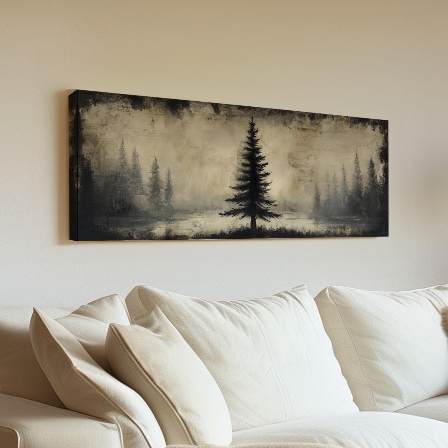 Lone Pine Tree At The Lake Panoramic Wall Art Forest, Panorama Cozy Autumn Canvas Print, Rustic Fall Decor Canvas Art