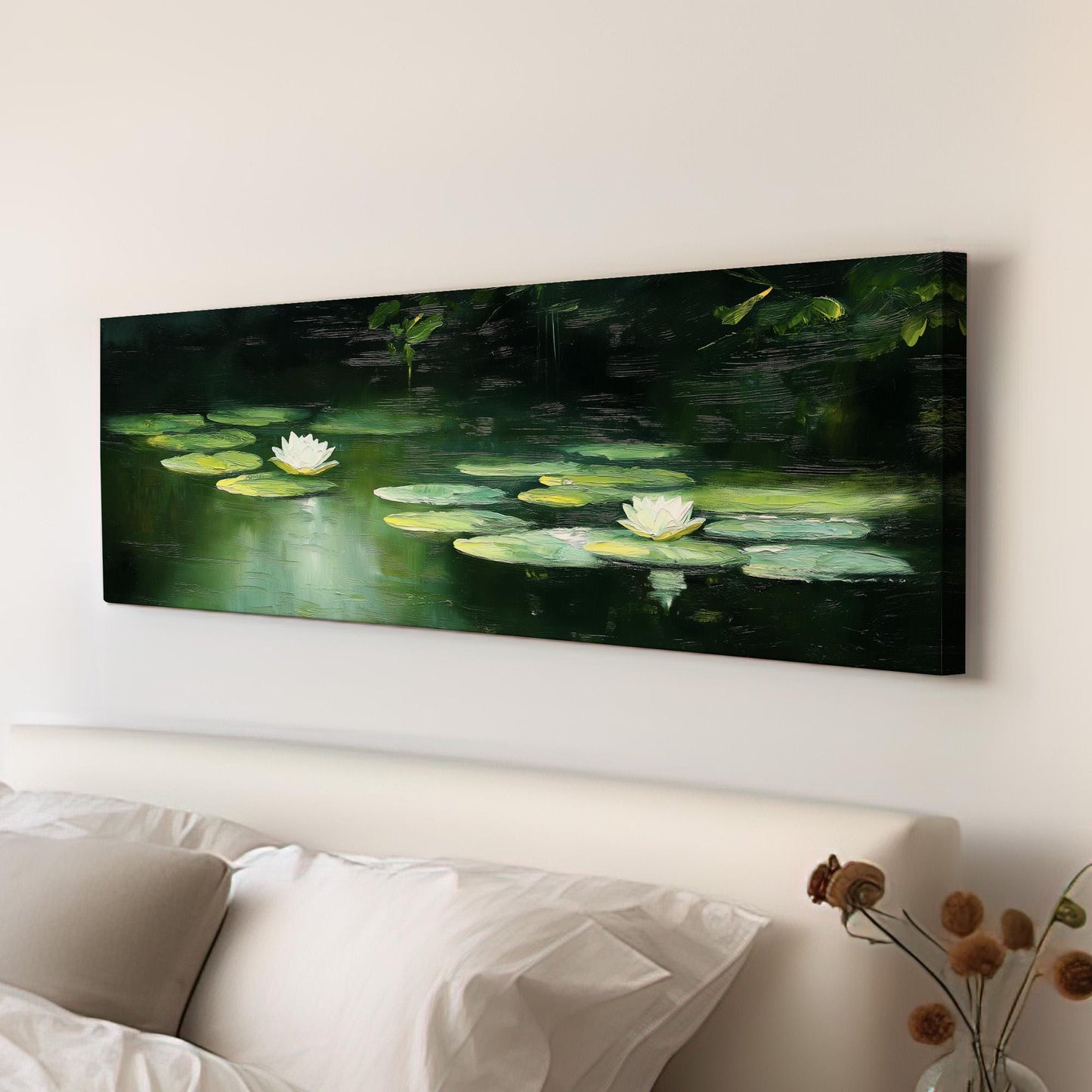 Oil Lily On Lake Panoramic Wall Art Tropical Garden, Panorama Quiet Pond Canvas Print, Tranquil Decor Canvas Art