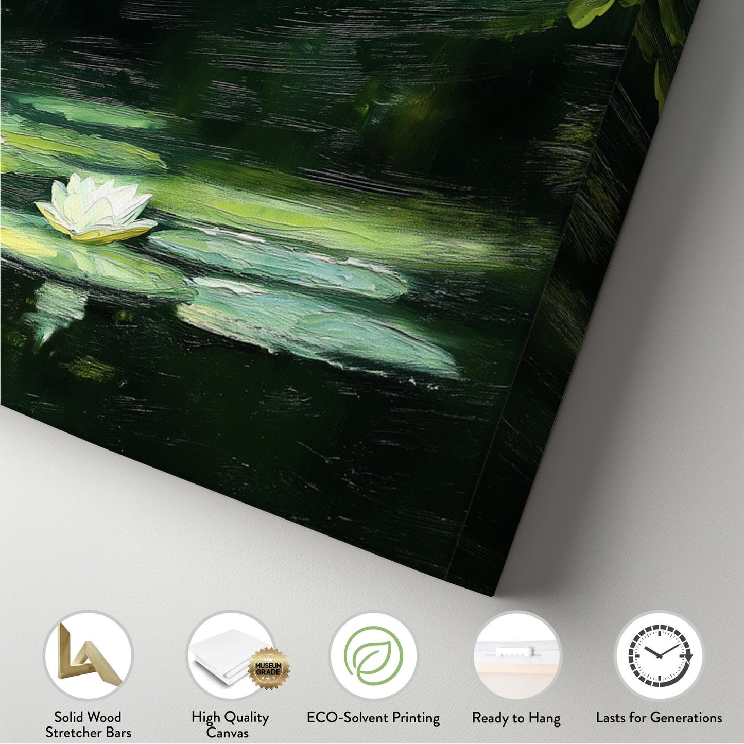 Oil Lily On Lake Panoramic Wall Art Tropical Garden, Panorama Quiet Pond Canvas Print, Tranquil Decor Canvas Art