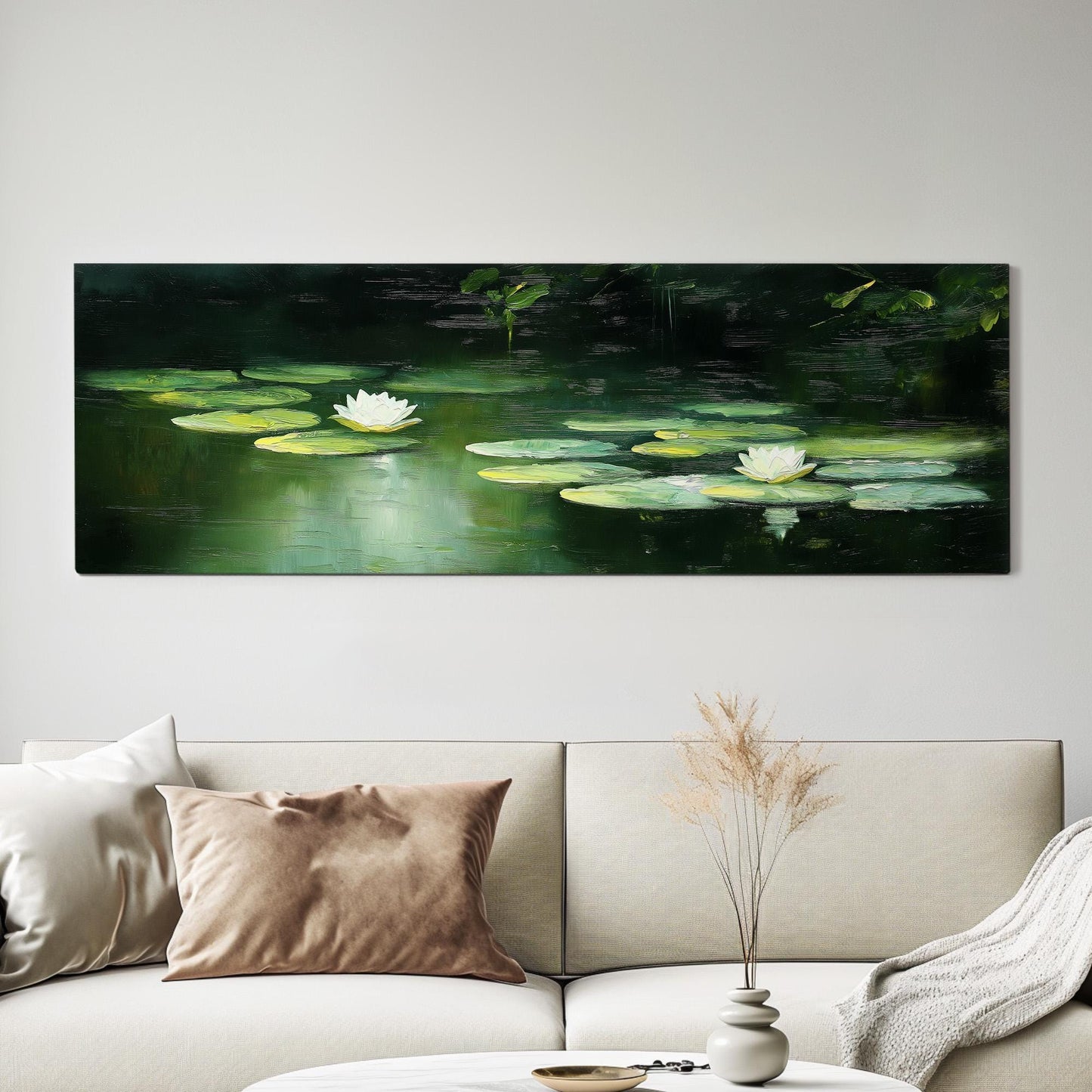 Oil Lily On Lake Panoramic Wall Art Tropical Garden, Panorama Quiet Pond Canvas Print, Tranquil Decor Canvas Art