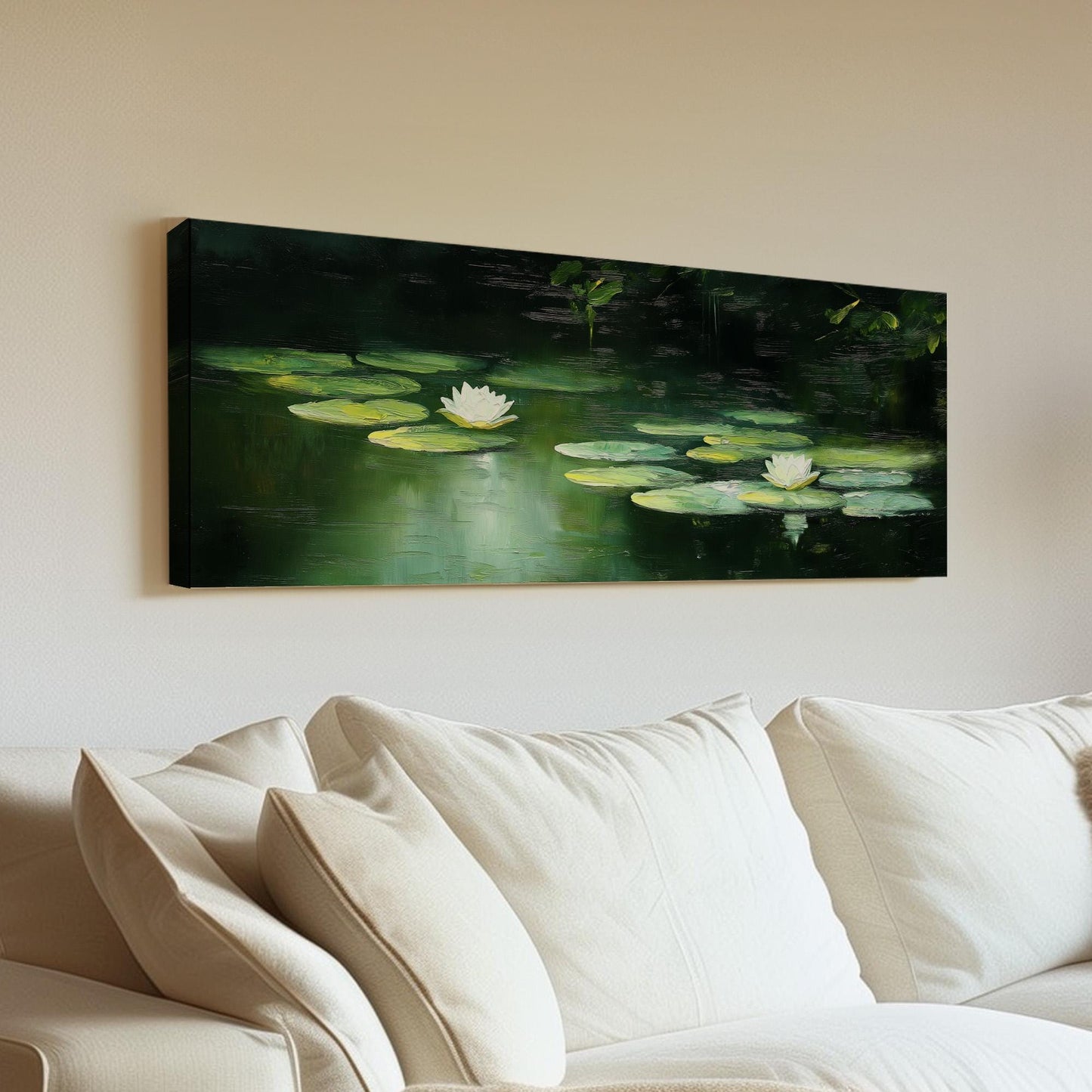 Oil Lily On Lake Panoramic Wall Art Tropical Garden, Panorama Quiet Pond Canvas Print, Tranquil Decor Canvas Art