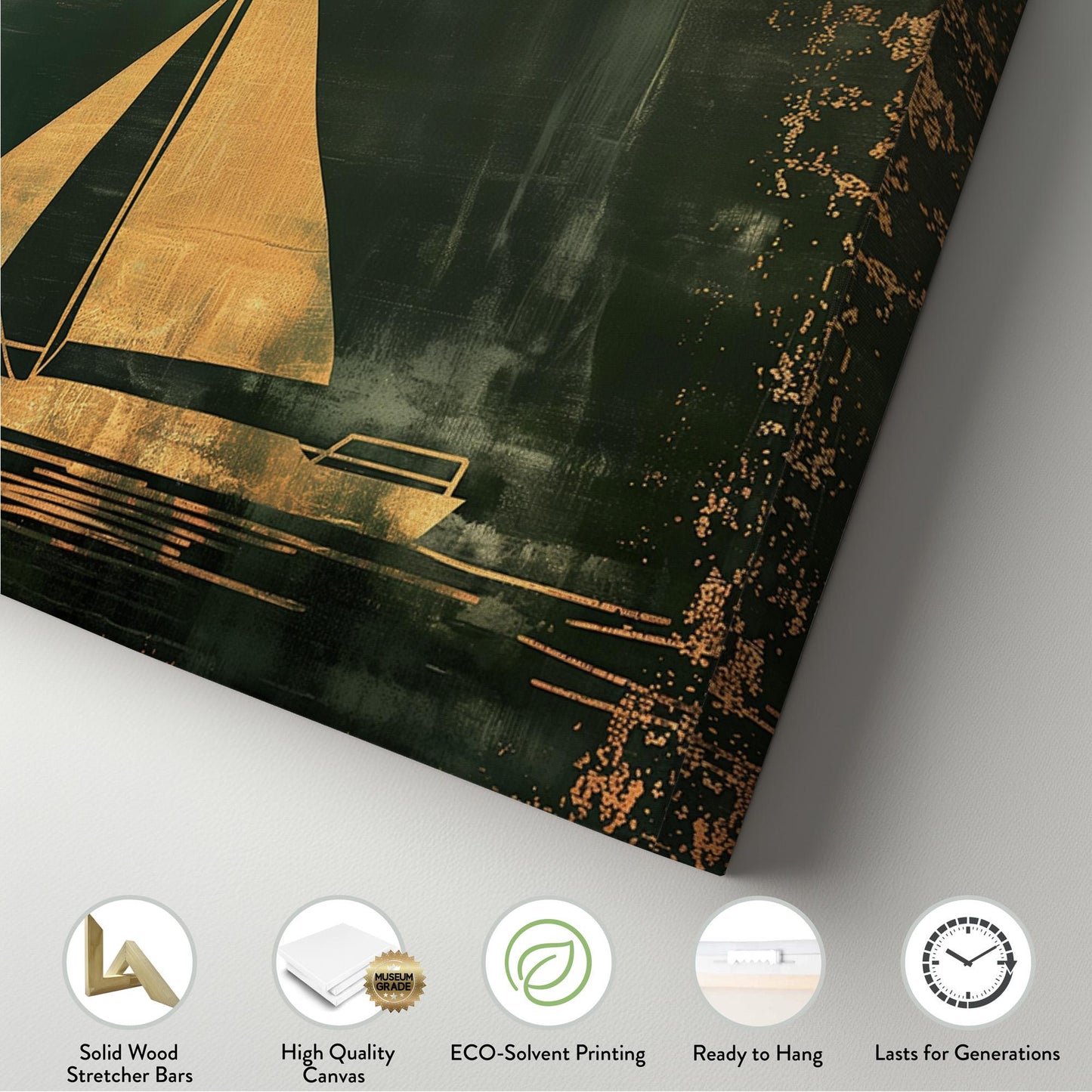 Sailboat Full Moon Panoramic Wall Art For Bedroom, Panorama Lake House Canvas Print, Green And Gold Decor Canvas Art