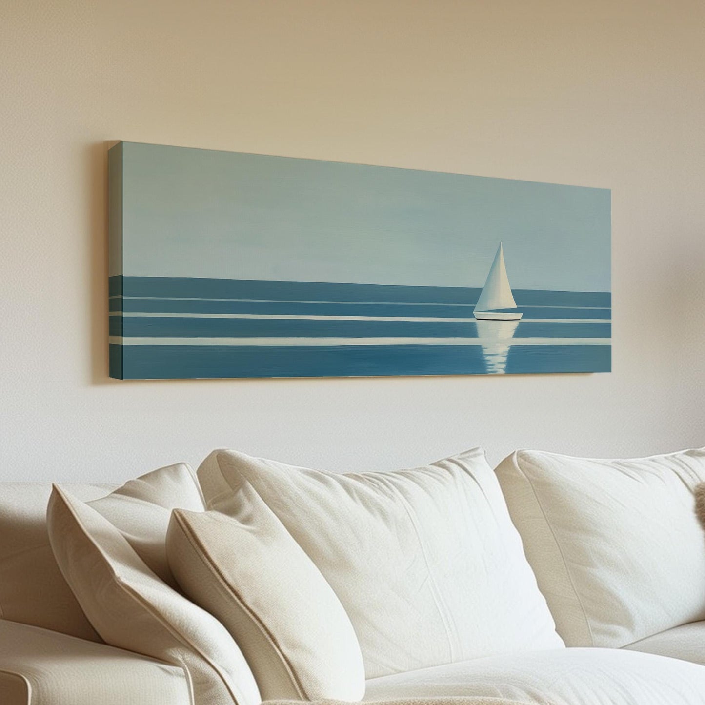 Sailboat Line Art Panoramic Wall Art For Bedroom, Panorama Lake House Canvas Print, Seascape Decor Canvas Art