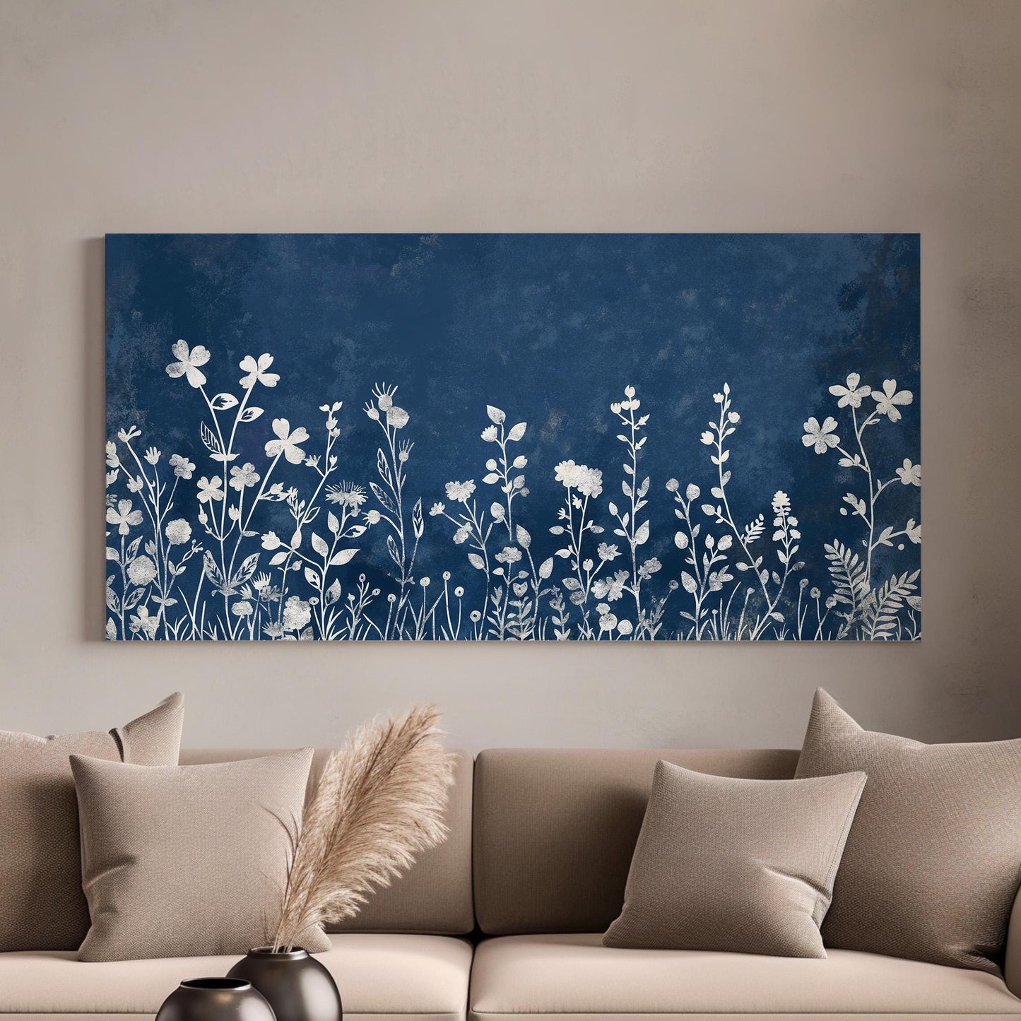 White Wildflowers Canvas Wall Art For Living Room, Landscape Neutral Canvas Print, Minimal Large Canvas Art