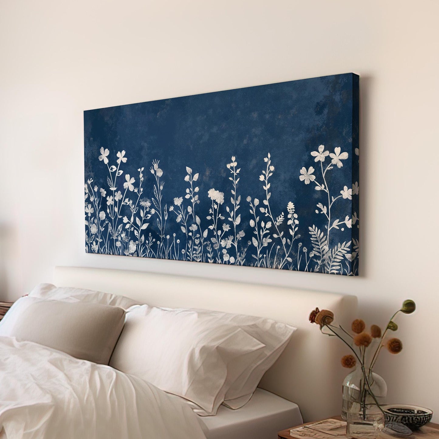 White Wildflowers Canvas Wall Art For Living Room, Landscape Neutral Canvas Print, Minimal Large Canvas Art