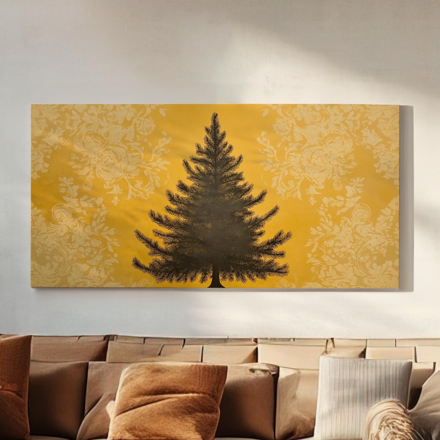 Yellow Floral Pine Tree Canvas Wall Art For Living Room, Landscape Winter Canvas Print, Farmhouse Large Canvas Art