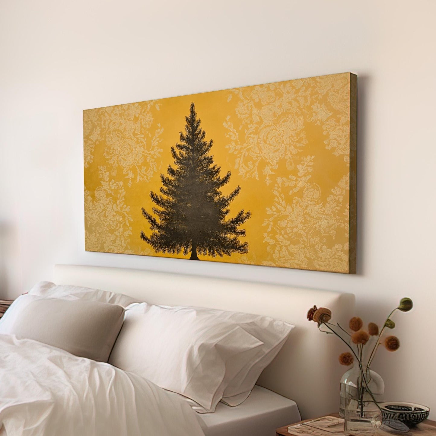 Yellow Floral Pine Tree Canvas Wall Art For Living Room, Landscape Winter Canvas Print, Farmhouse Large Canvas Art