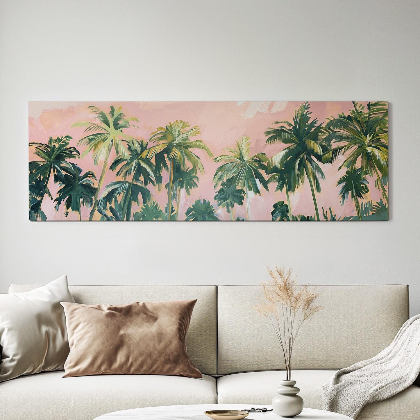 Florida Palm Tree Oil Panoramic Wall Art Coastal, Panorama Tropical Canvas Print, Summer Decor Canvas Art