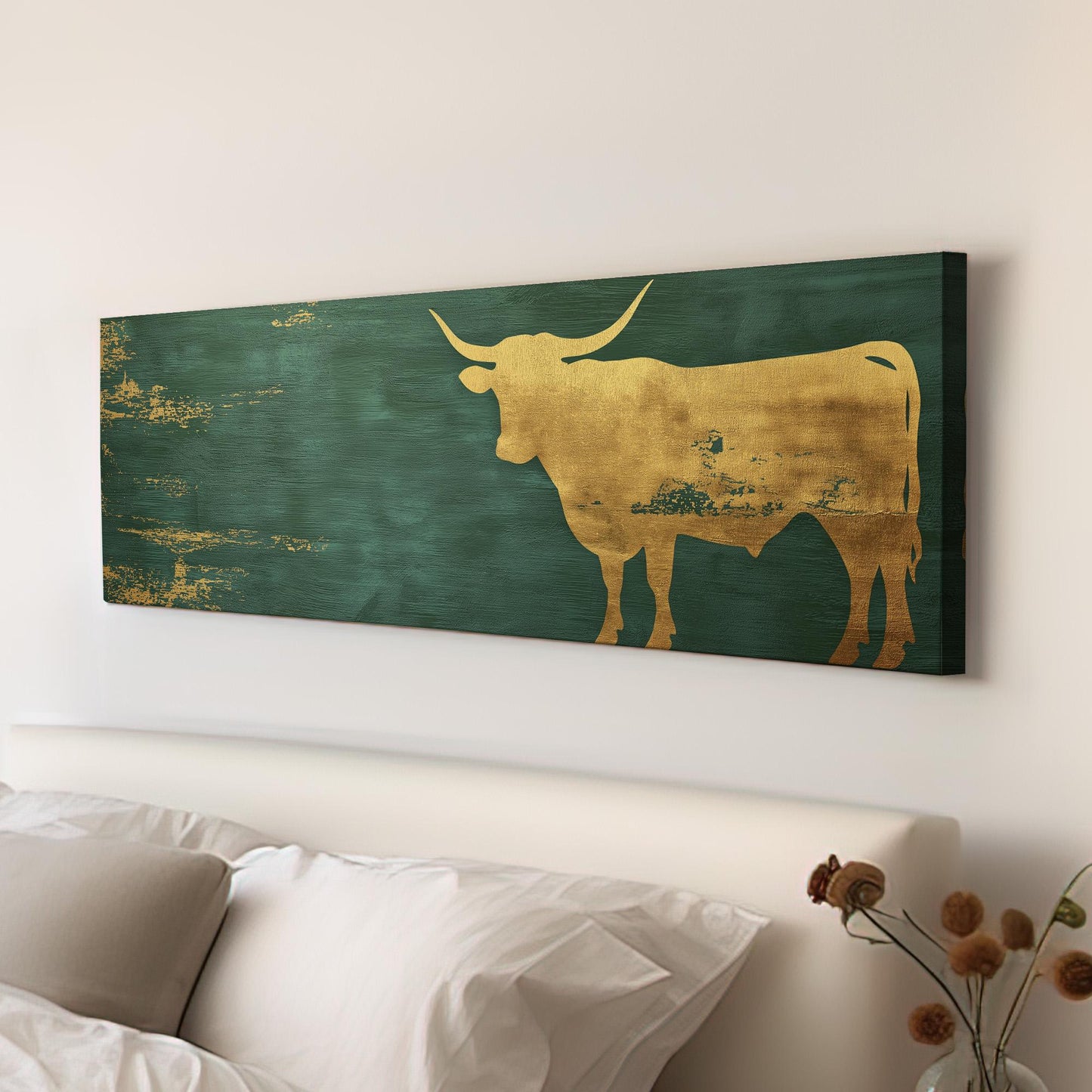 Gold Highland Cow Panoramic Wall Art Farmhouse, Panorama Dark Green Canvas Print, Rustic Decor Canvas Art