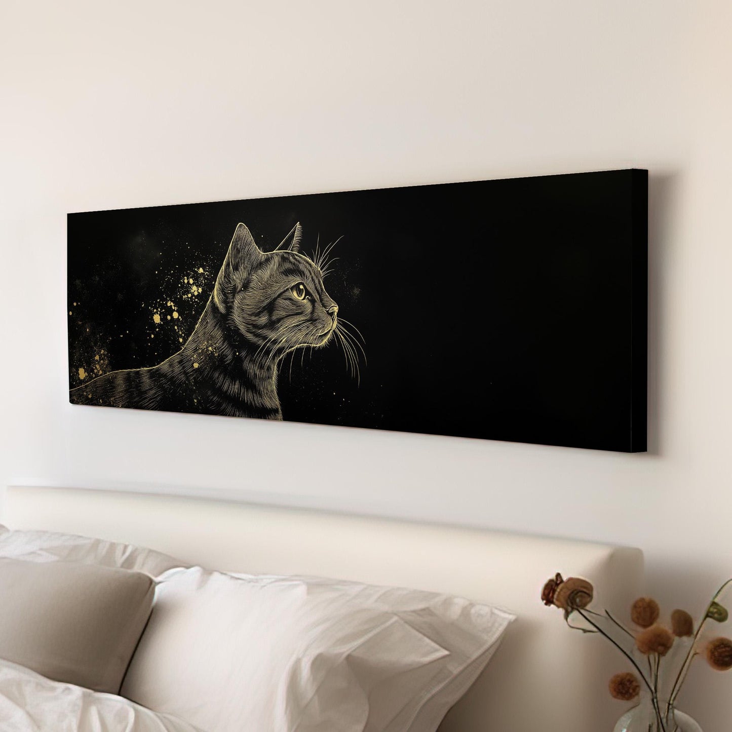 Golden Bengal Cat Panoramic Wall Art Pet, Panorama Adorable Canvas Print, Minimal Decor Canvas Art