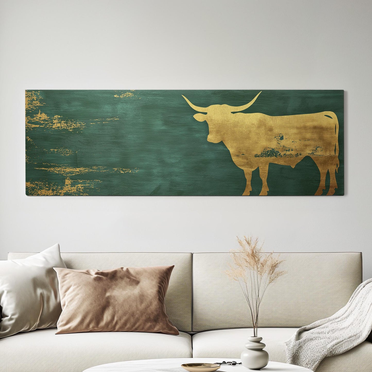 Gold Highland Cow Panoramic Wall Art Farmhouse, Panorama Dark Green Canvas Print, Rustic Decor Canvas Art