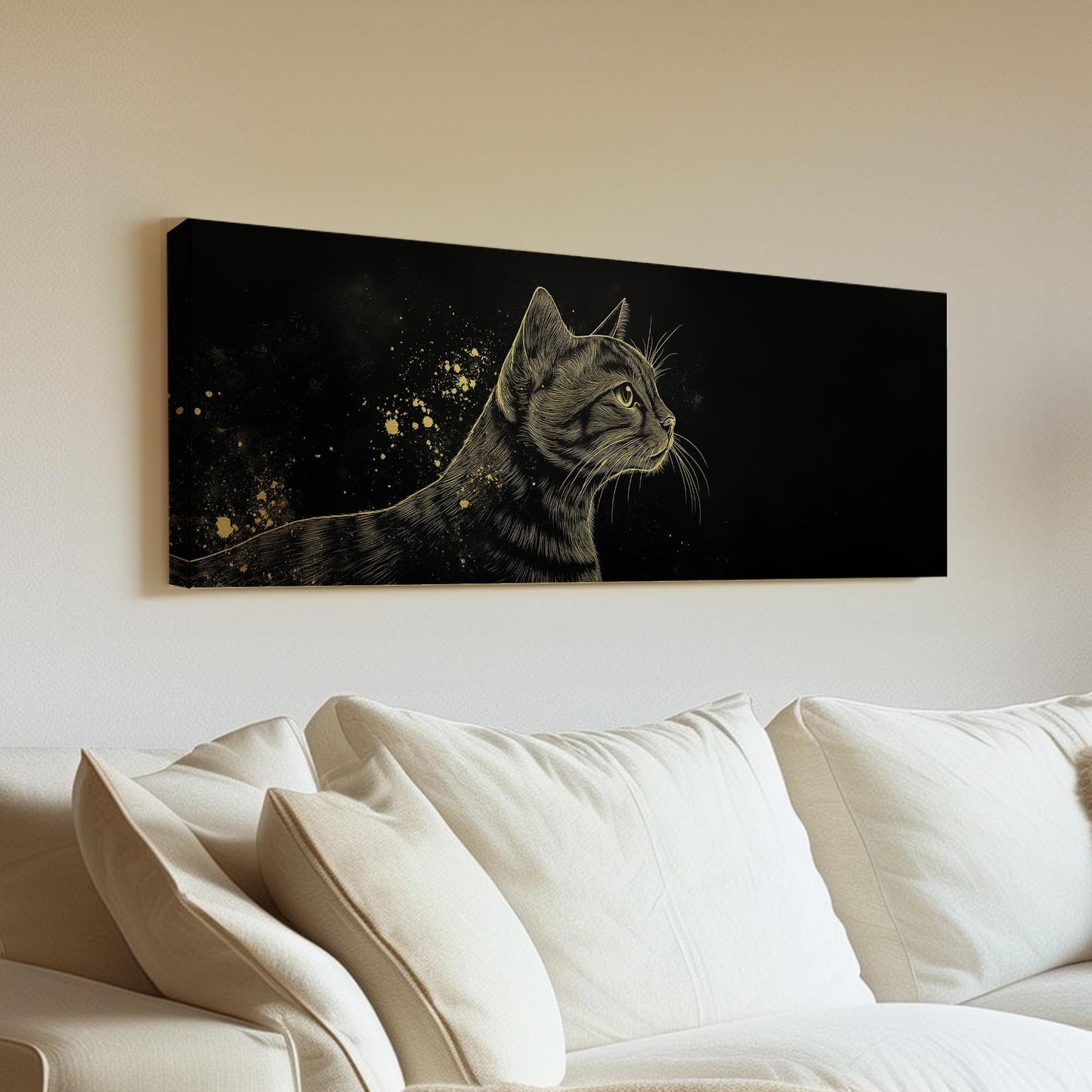 Golden Bengal Cat Panoramic Wall Art Pet, Panorama Adorable Canvas Print, Minimal Decor Canvas Art