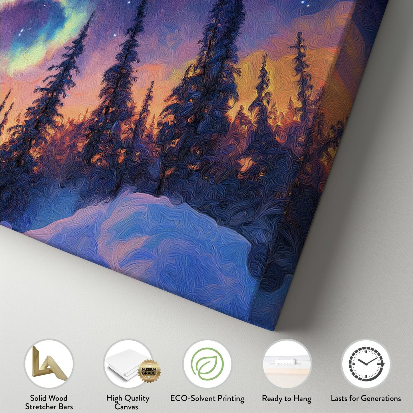 Northern Lights Panoramic Wall Art Snowy Trees, Panorama Starry Sky Canvas Print, Aurora Borealis Decor Canvas Art