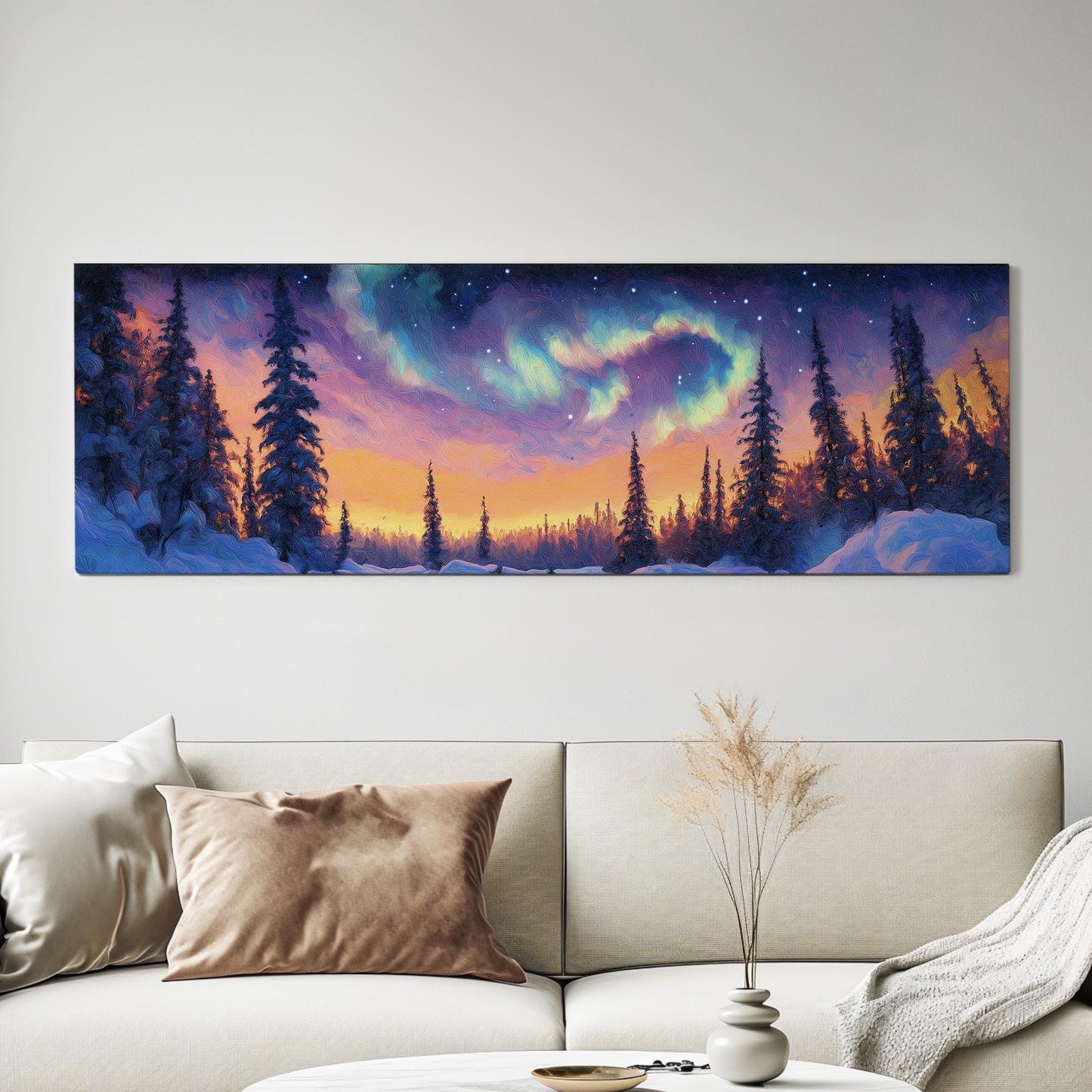 Northern Lights Panoramic Wall Art Snowy Trees, Panorama Starry Sky Canvas Print, Aurora Borealis Decor Canvas Art