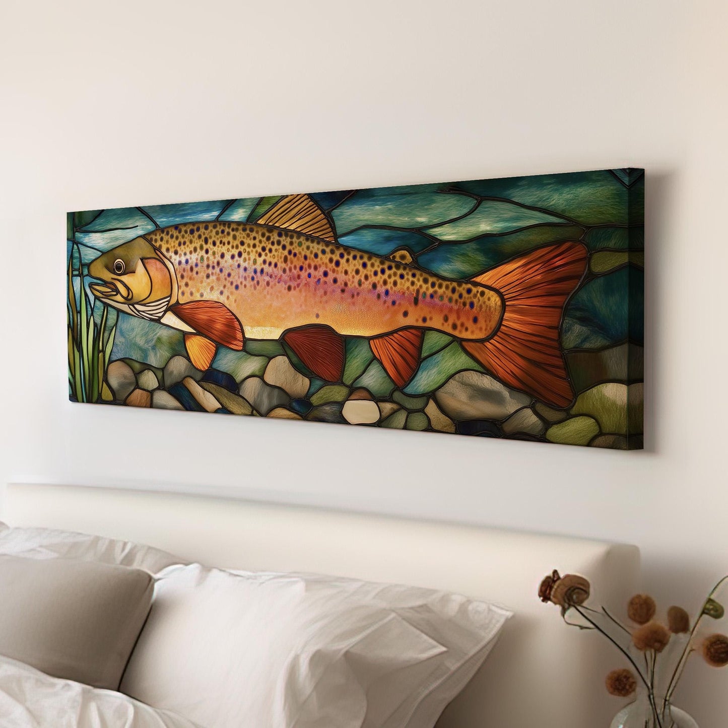 Alcohol Ink Large Rainbow Trout Panoramic Wall Art Fishing, Panorama Fisherman Canvas Print, Lakehouse Decor Canvas Art
