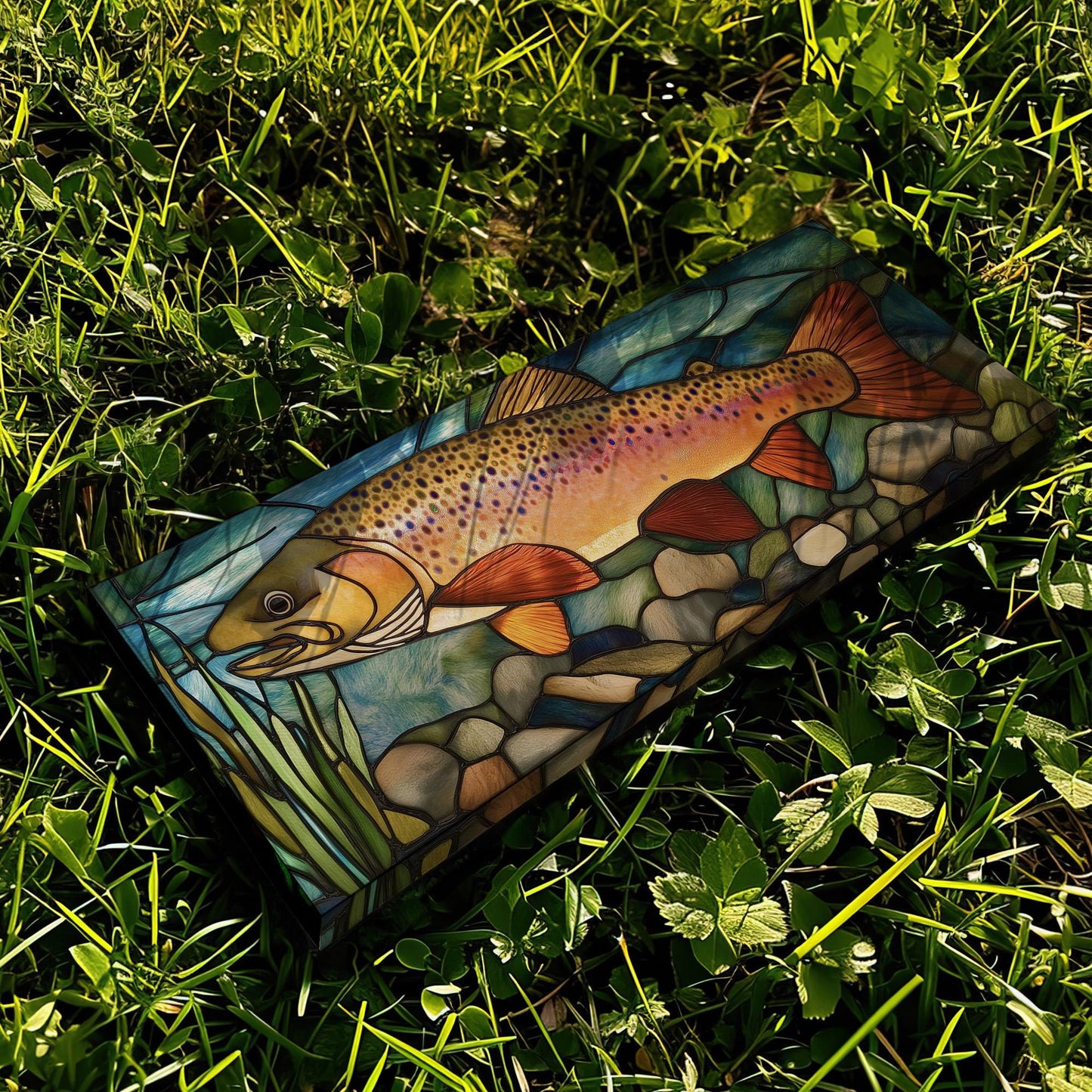Alcohol Ink Large Rainbow Trout Panoramic Wall Art Fishing, Panorama Fisherman Canvas Print, Lakehouse Decor Canvas Art