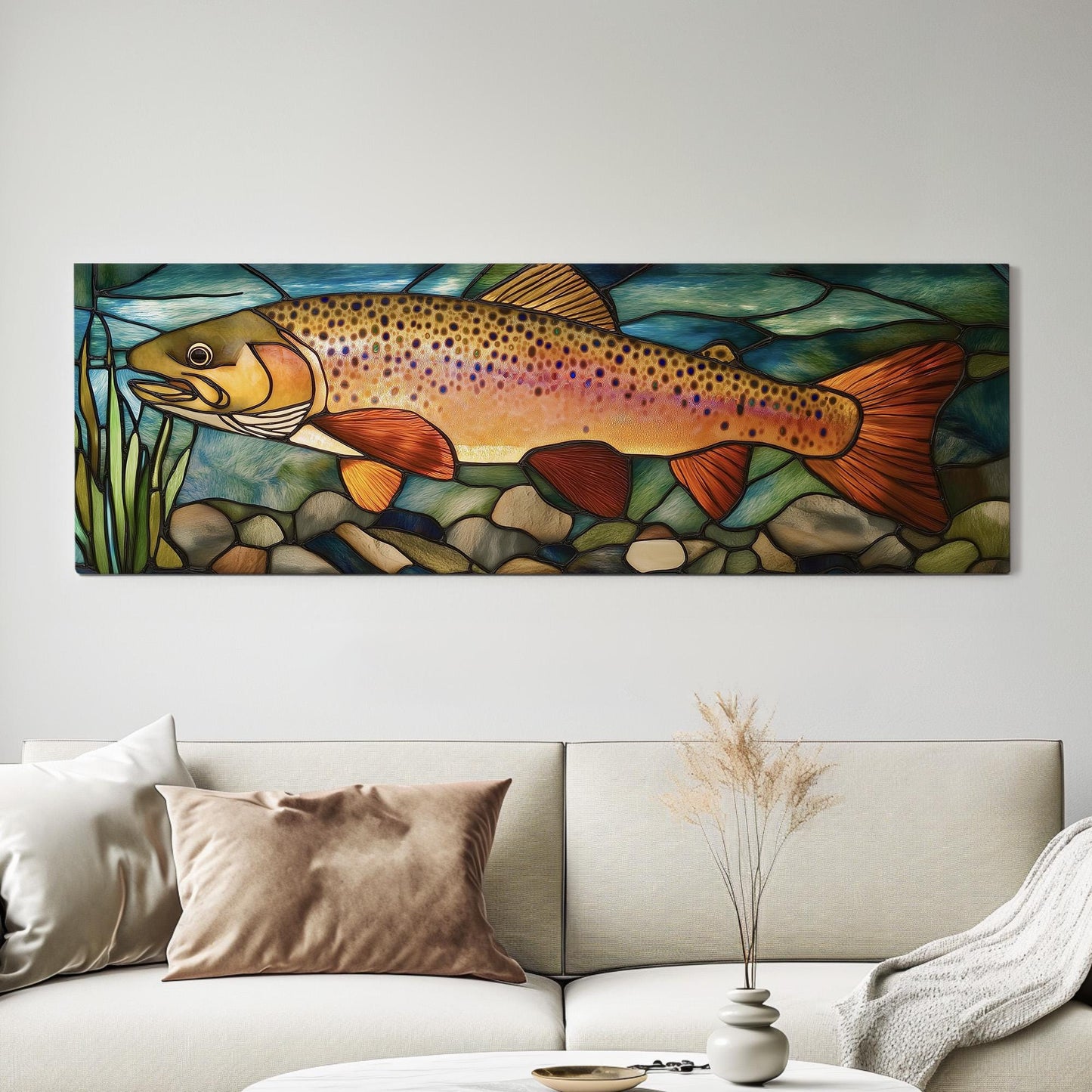 Alcohol Ink Large Rainbow Trout Panoramic Wall Art Fishing, Panorama Fisherman Canvas Print, Lakehouse Decor Canvas Art