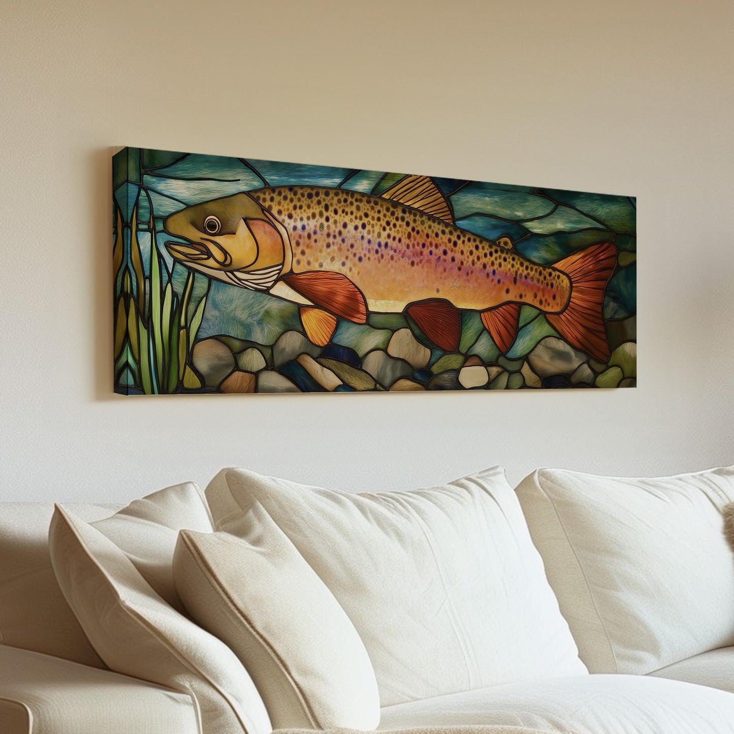 Alcohol Ink Large Rainbow Trout Panoramic Wall Art Fishing, Panorama Fisherman Canvas Print, Lakehouse Decor Canvas Art