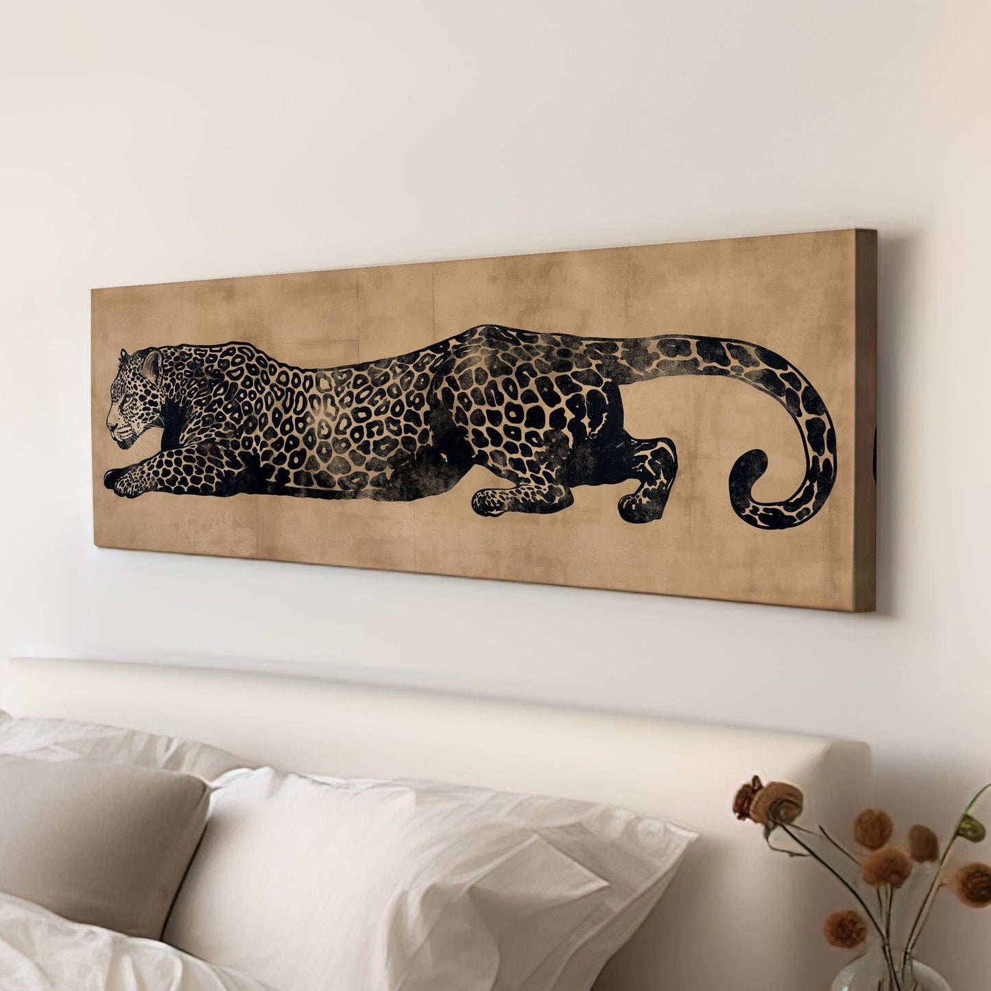 Leopard Minimal Panoramic Wall Art Aesthetic, Panorama Cheetah Canvas Print, Wildlife Decor Canvas Art