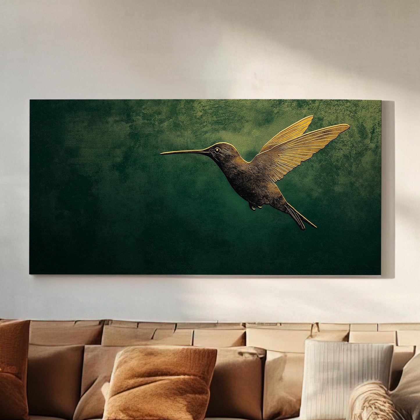Gold Green Hummingbird Canvas Wall Art For Living Room, Landscape Rustic Canvas Print, Colibri Large Canvas Art