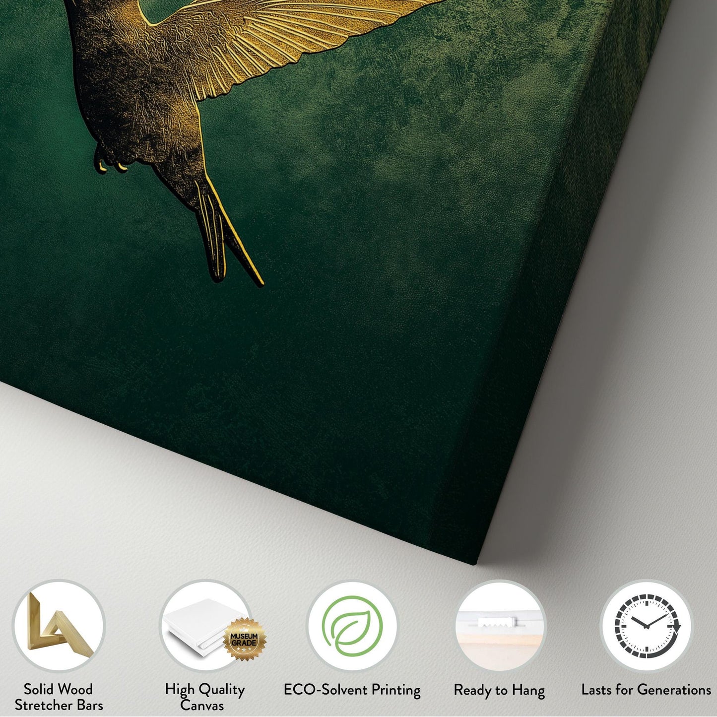 Gold Green Hummingbird Canvas Wall Art For Living Room, Landscape Rustic Canvas Print, Colibri Large Canvas Art