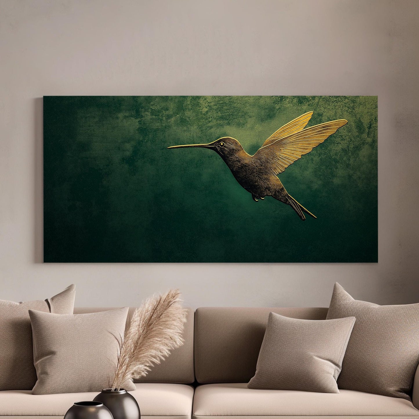 Gold Green Hummingbird Canvas Wall Art For Living Room, Landscape Rustic Canvas Print, Colibri Large Canvas Art