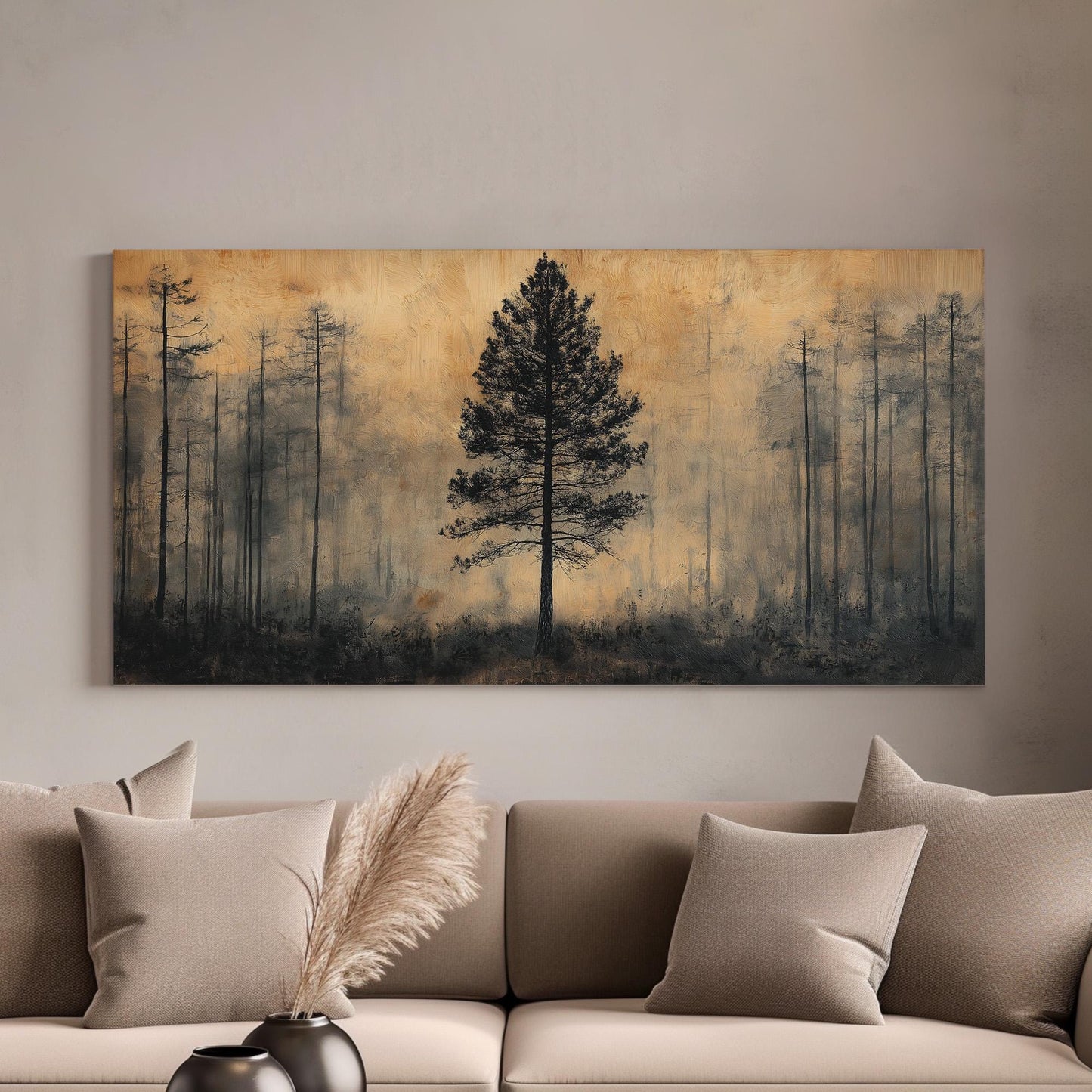 Tall Pine Tree Canvas Wall Art For Living Room, Landscape Cozy Autumn Canvas Print, Rustic Fall Large Canvas Art