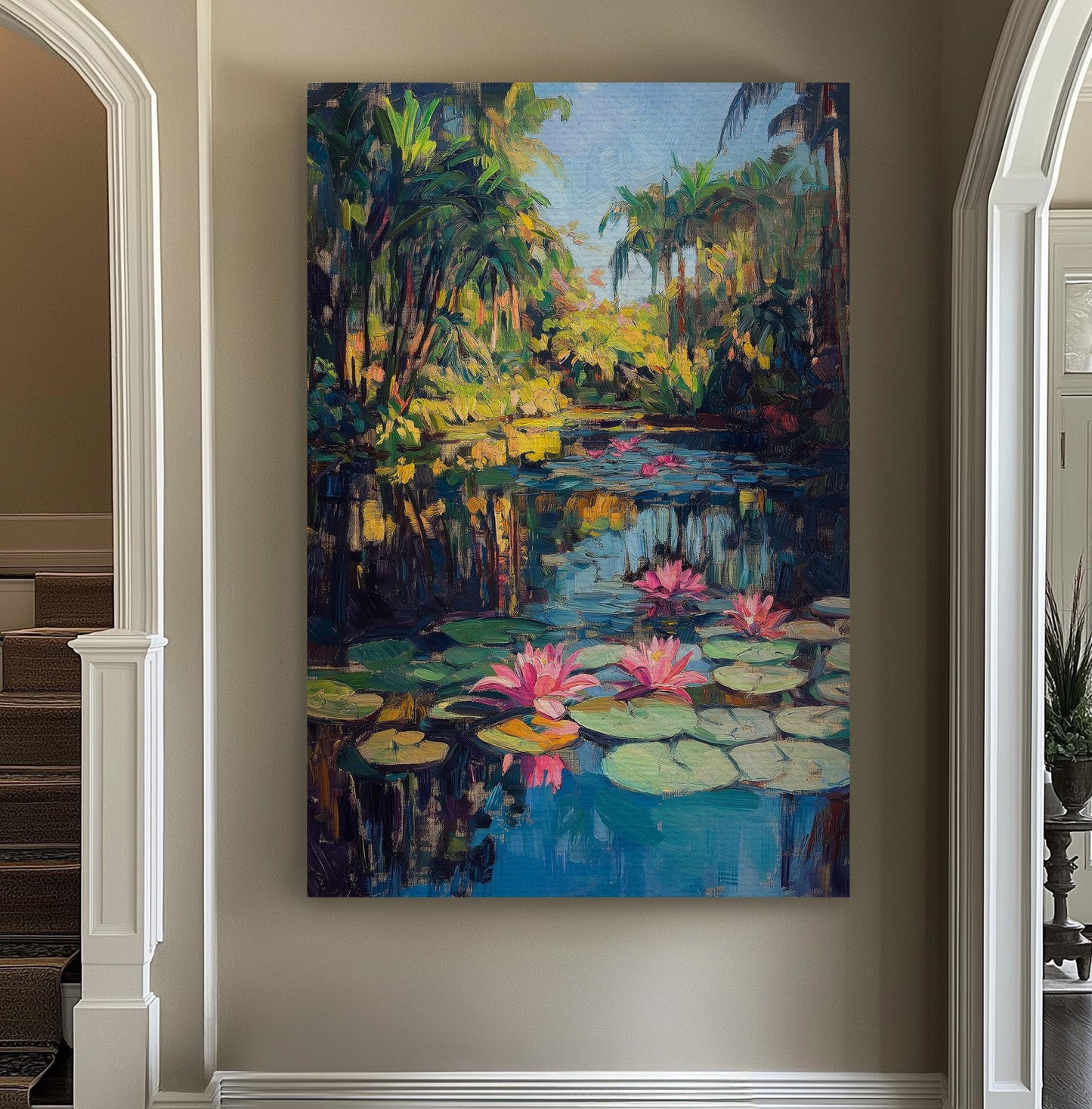 Water Lily On The Lake Vertical Wall Art Tropical Garden, Decor Quiet Pond Canvas Print, Tranquil Big Canvas Art