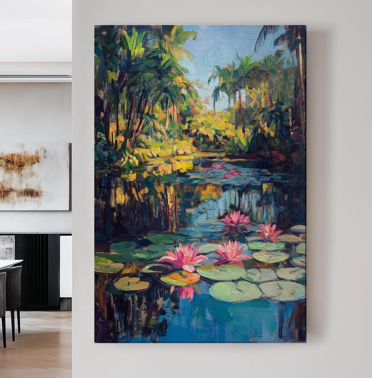 Water Lily On The Lake Vertical Wall Art Tropical Garden, Decor Quiet Pond Canvas Print, Tranquil Big Canvas Art