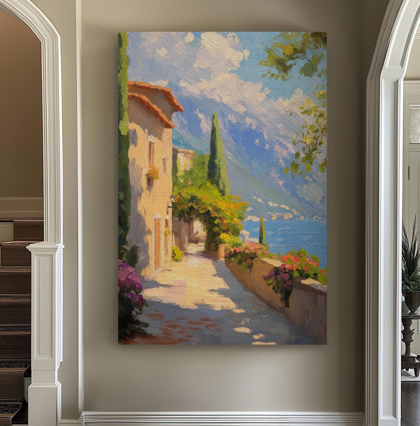 Village By The Ocean Vertical Wall Art Tuscany, Decor Tuscan Village Canvas Print, Italian Countryside Big Canvas Art